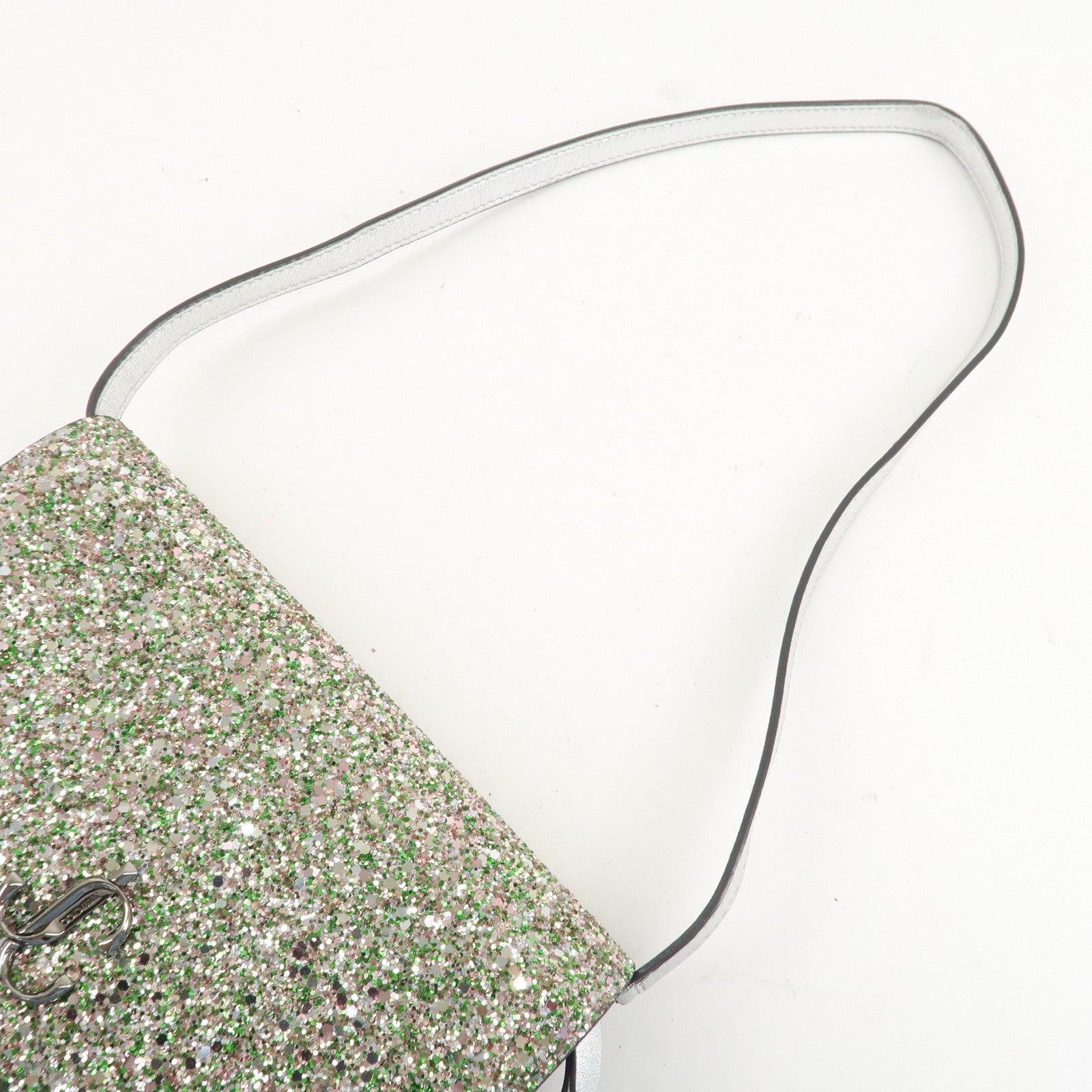 JIMMY CHOO Glitter Leather Shoulder Wallet Bag Green Silver Used