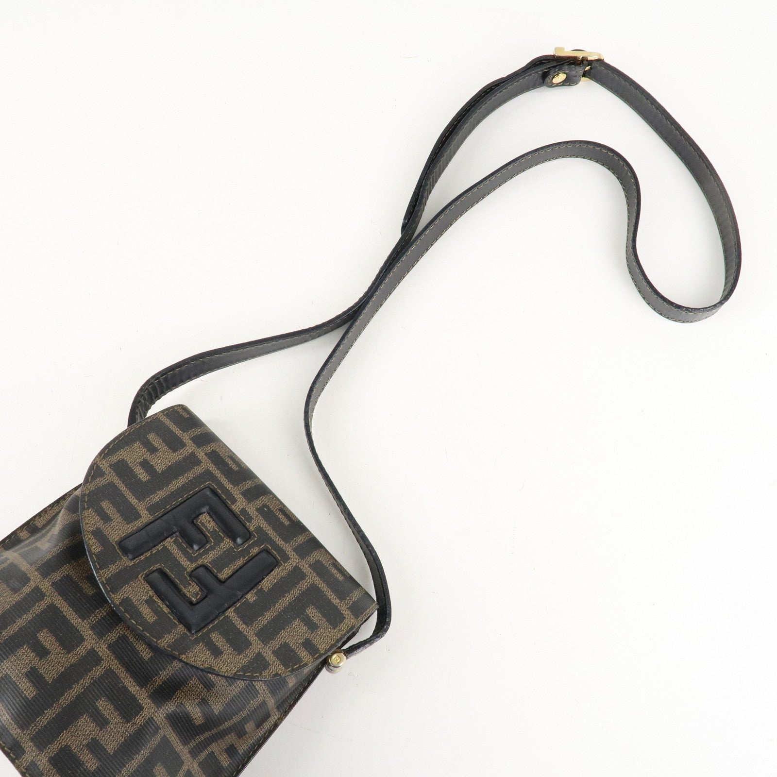 FENDI Zucca Logo Print PVC Leather Shoulder Bag Black Brown Used