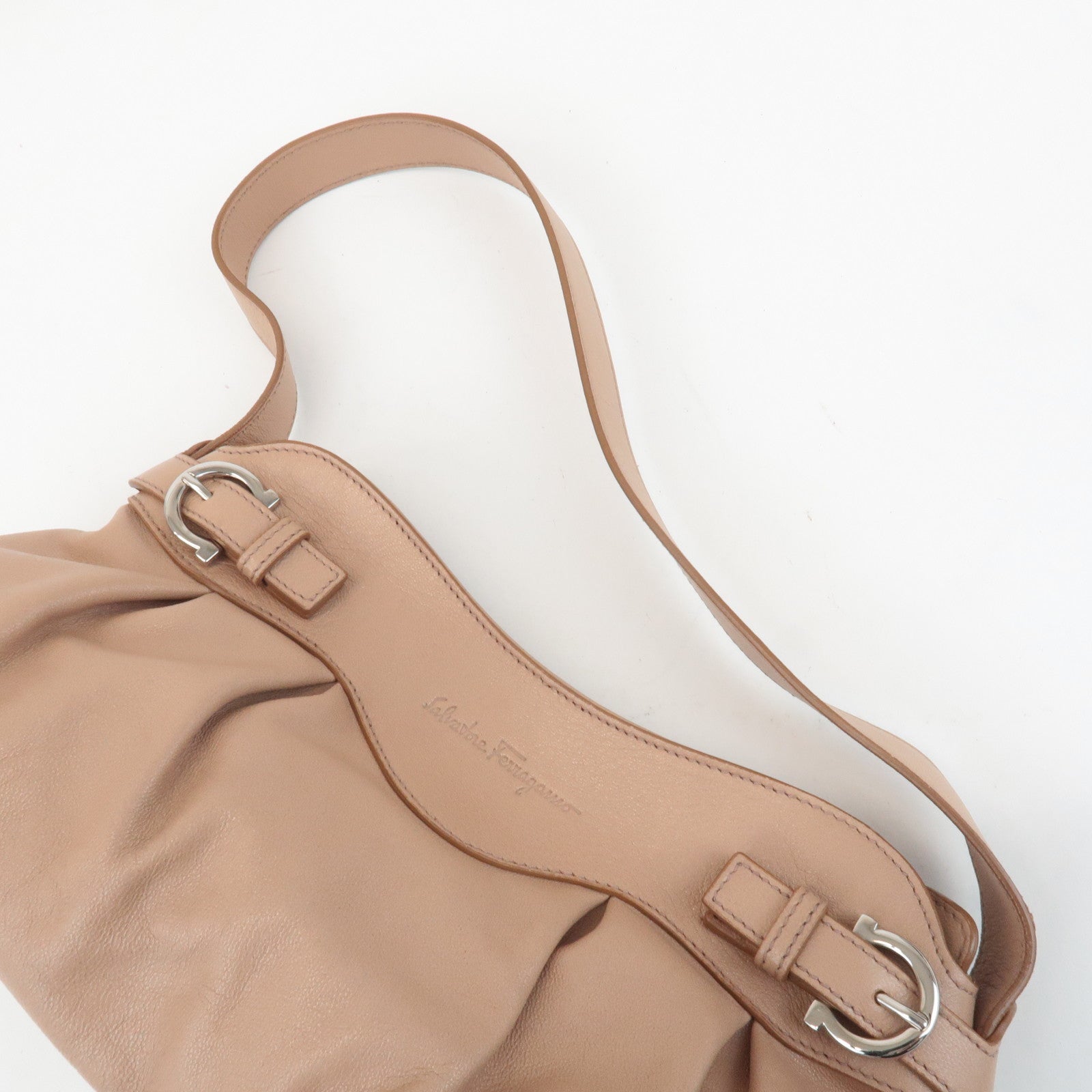 Ferragamo Gancini Leather Shoulder Bag Beige Silver Hardware Used