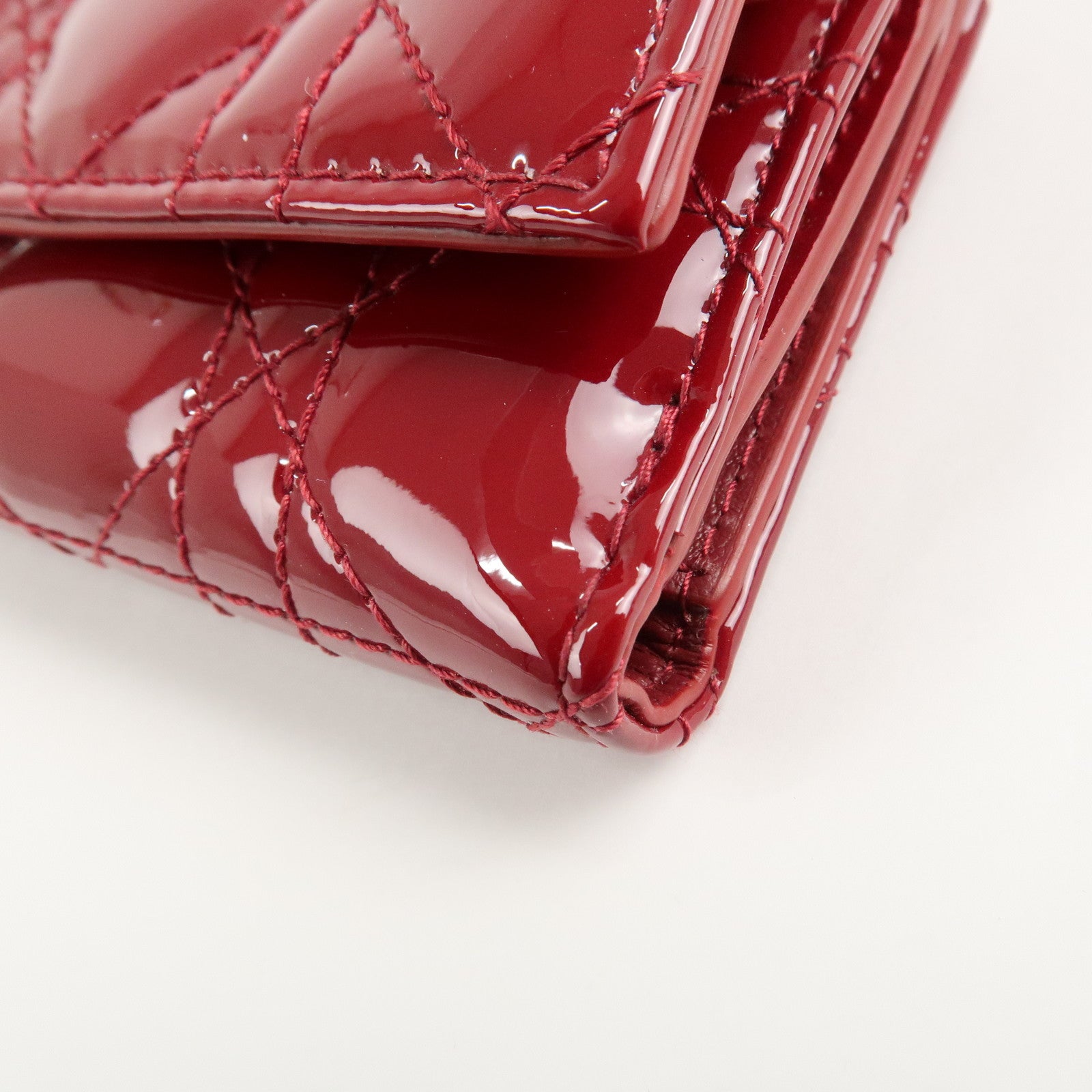 Christian Dior Cannage Lady Dior Leather Lotus Tri fold Wallet Red Used