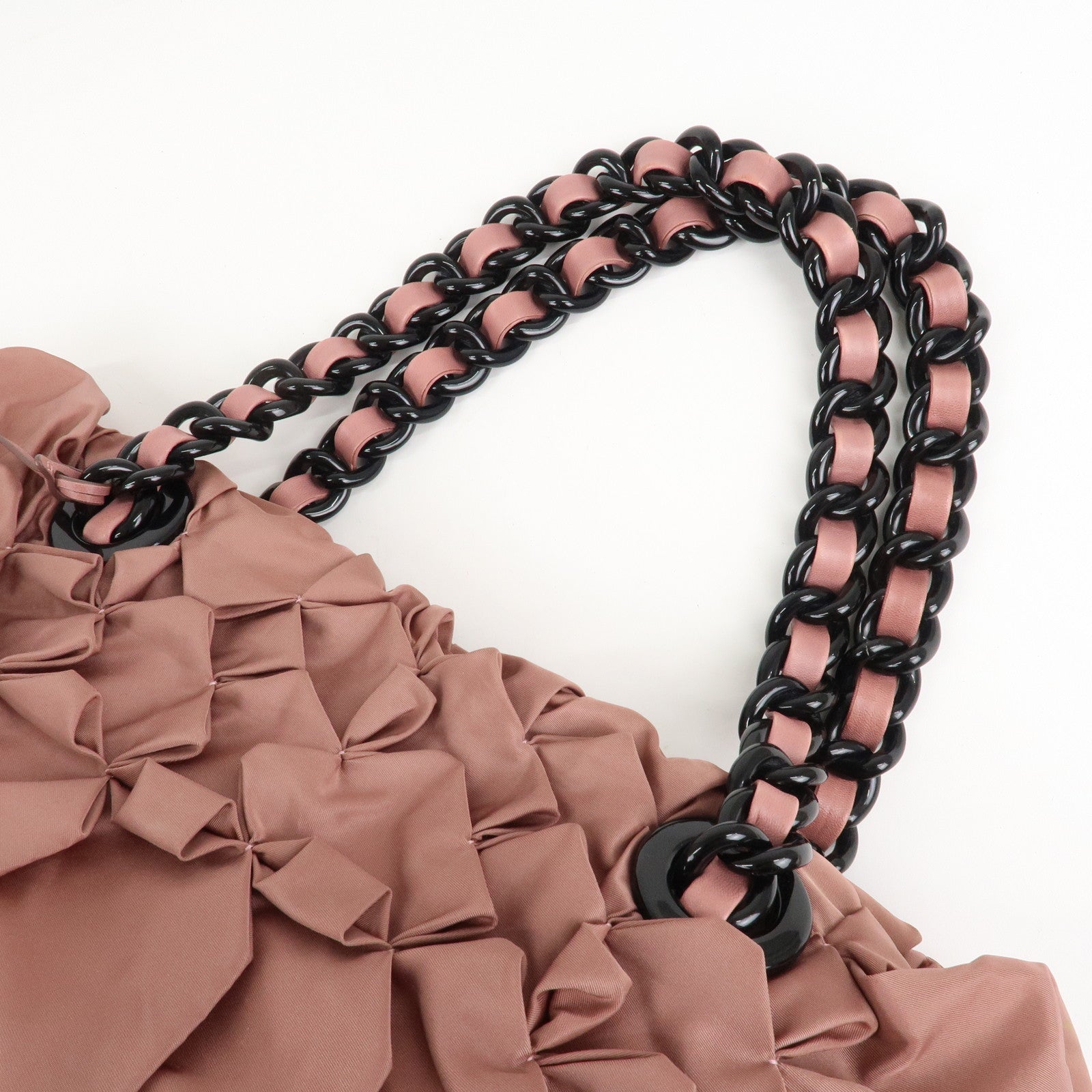Prada Nylon Leather Gathered Chain Shoulder Tote Bag Pink Black Used