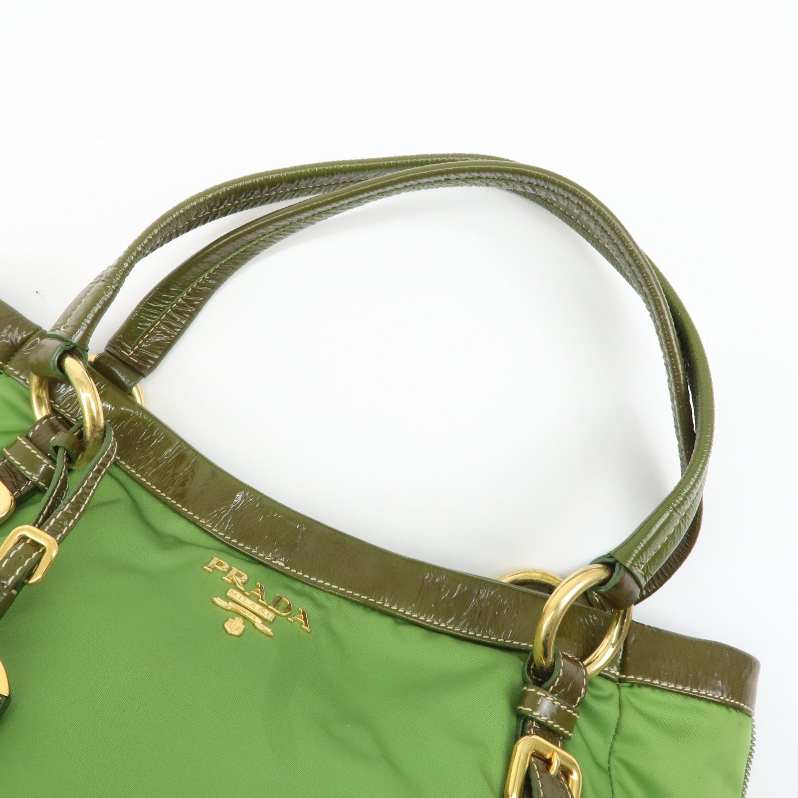 PRADA Nylon Patent Leather Tote Bag Shoulder Bag Green Khaki Used