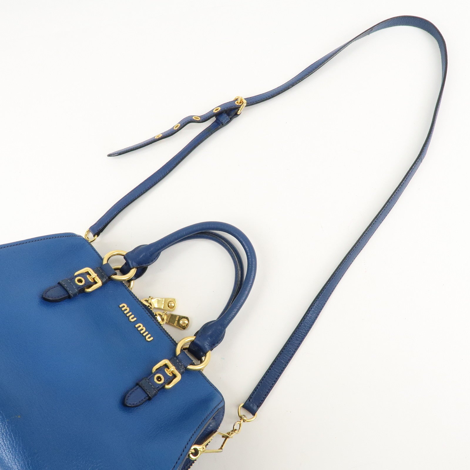 MIU MIU Leather 2Way Shoulder Bag Hand Bag Blue Gold HDW Used