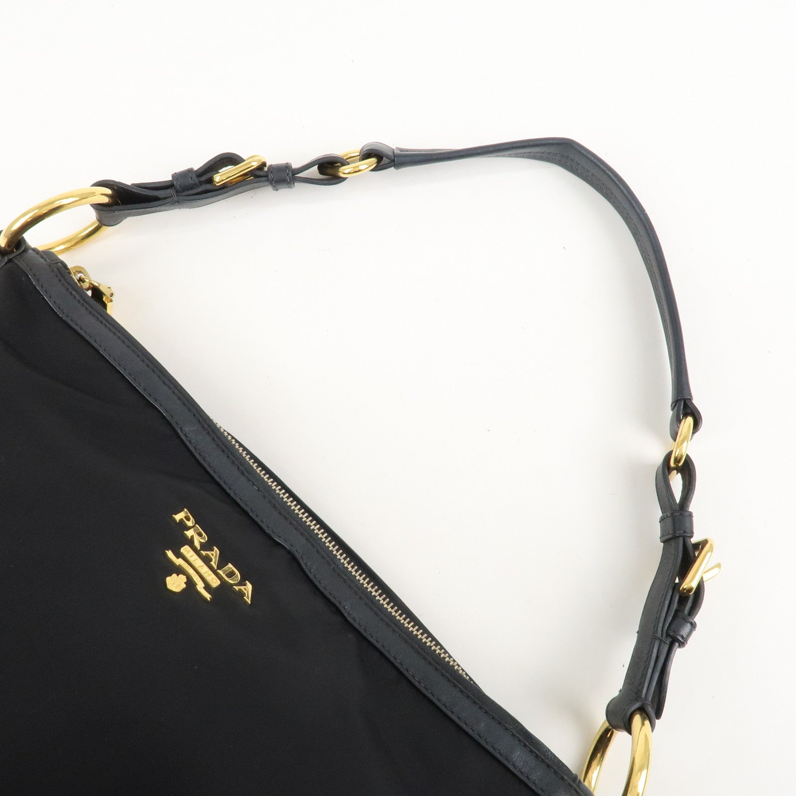 PRADA Nylon Leather Shoulder Bag Black Gold Hardware Used