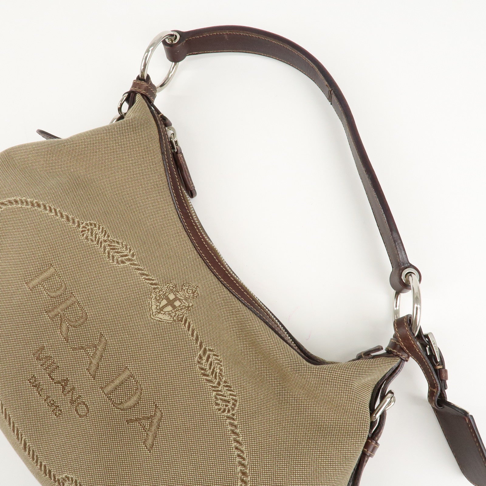 PRADA Logo Jacquard Leather Shoulder Bag Beige Brown Used
