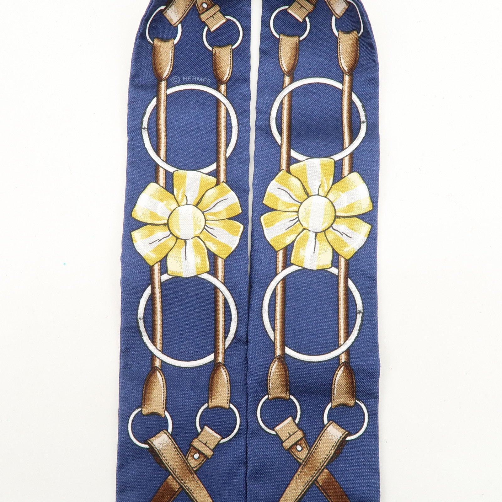 HERMES 100% Silk Twilly Scarf Jumping Navy Yellow Brown Used