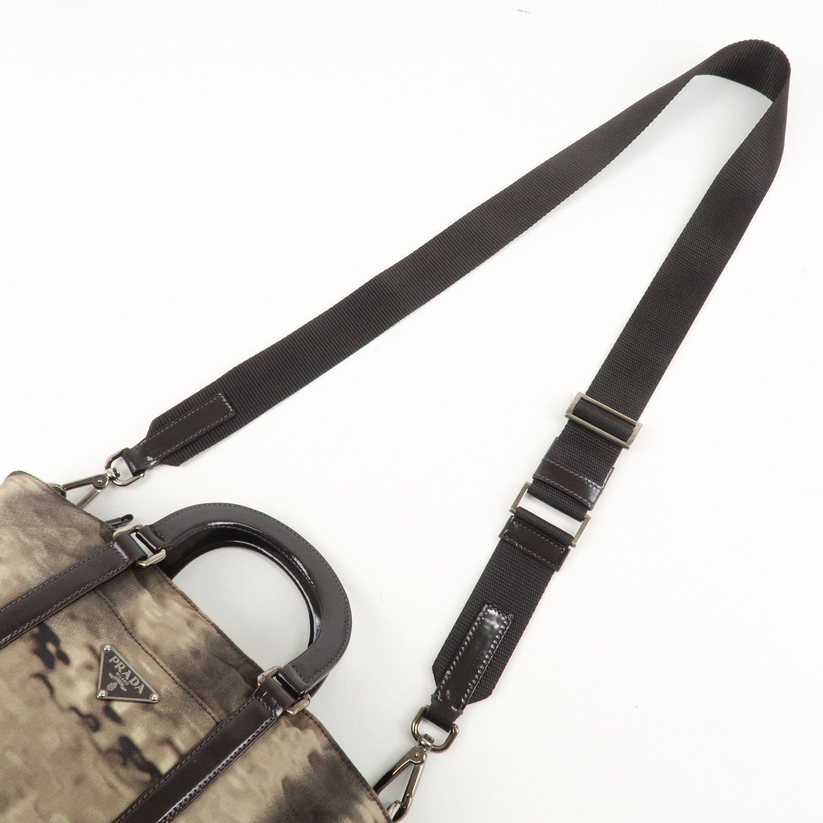 PRADA Nylon Patent Leather 2Way Bag Beige Black Dark Brown Used