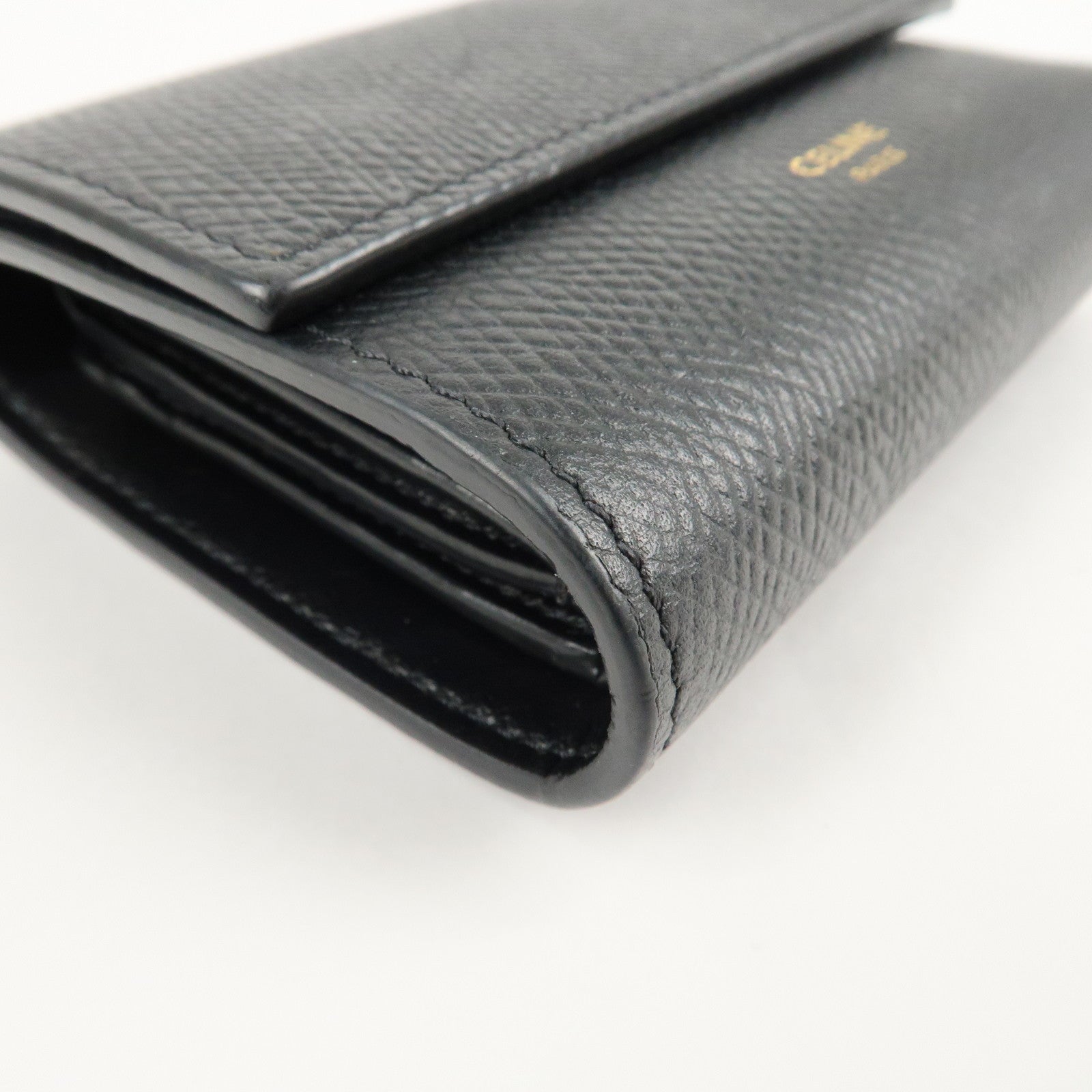 CELINE Logo Leather Small Tri-fold Wallet Black Used