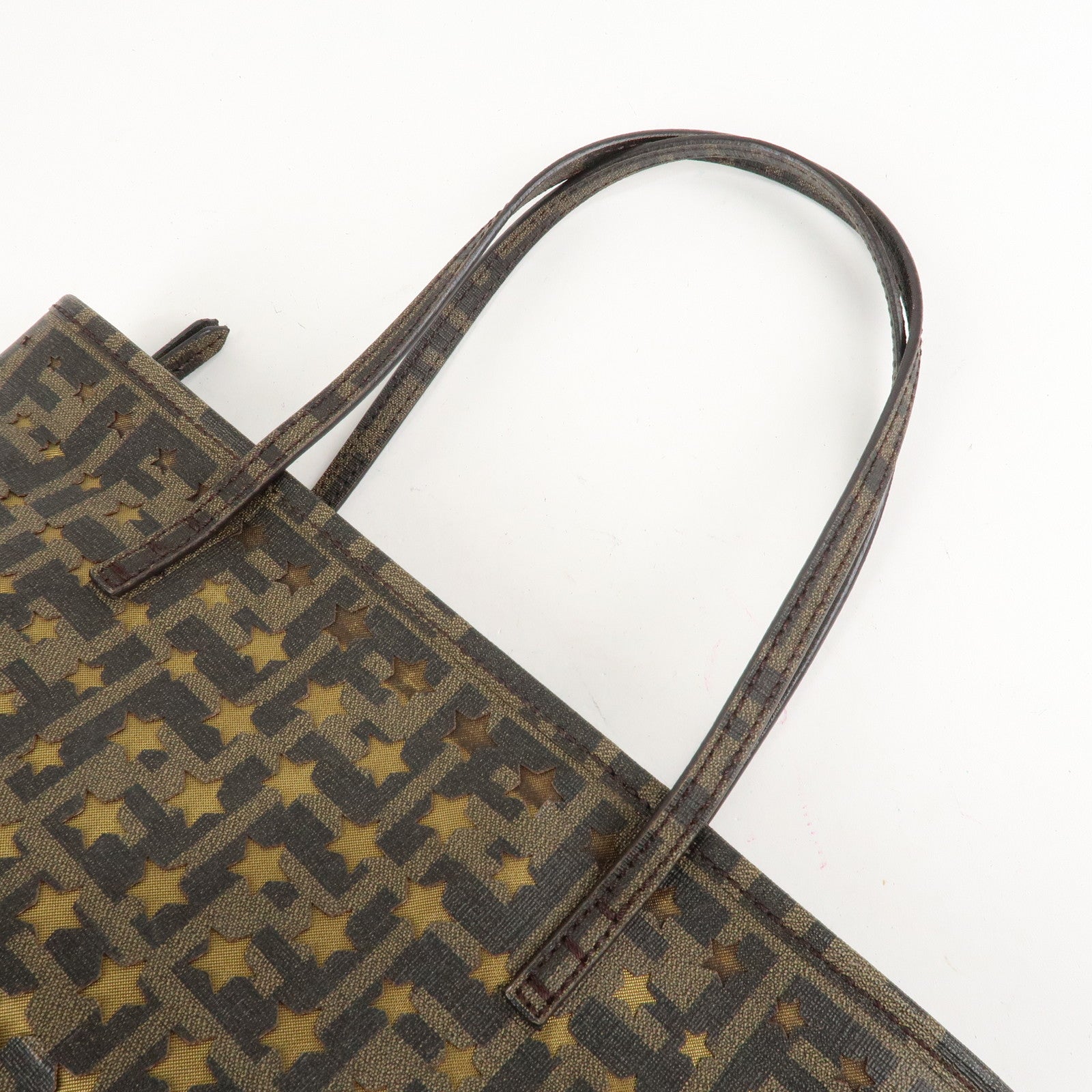 FENDI Zucca PVC Nylon Tote Bag Star Punching Brown Black 8BH223 Used