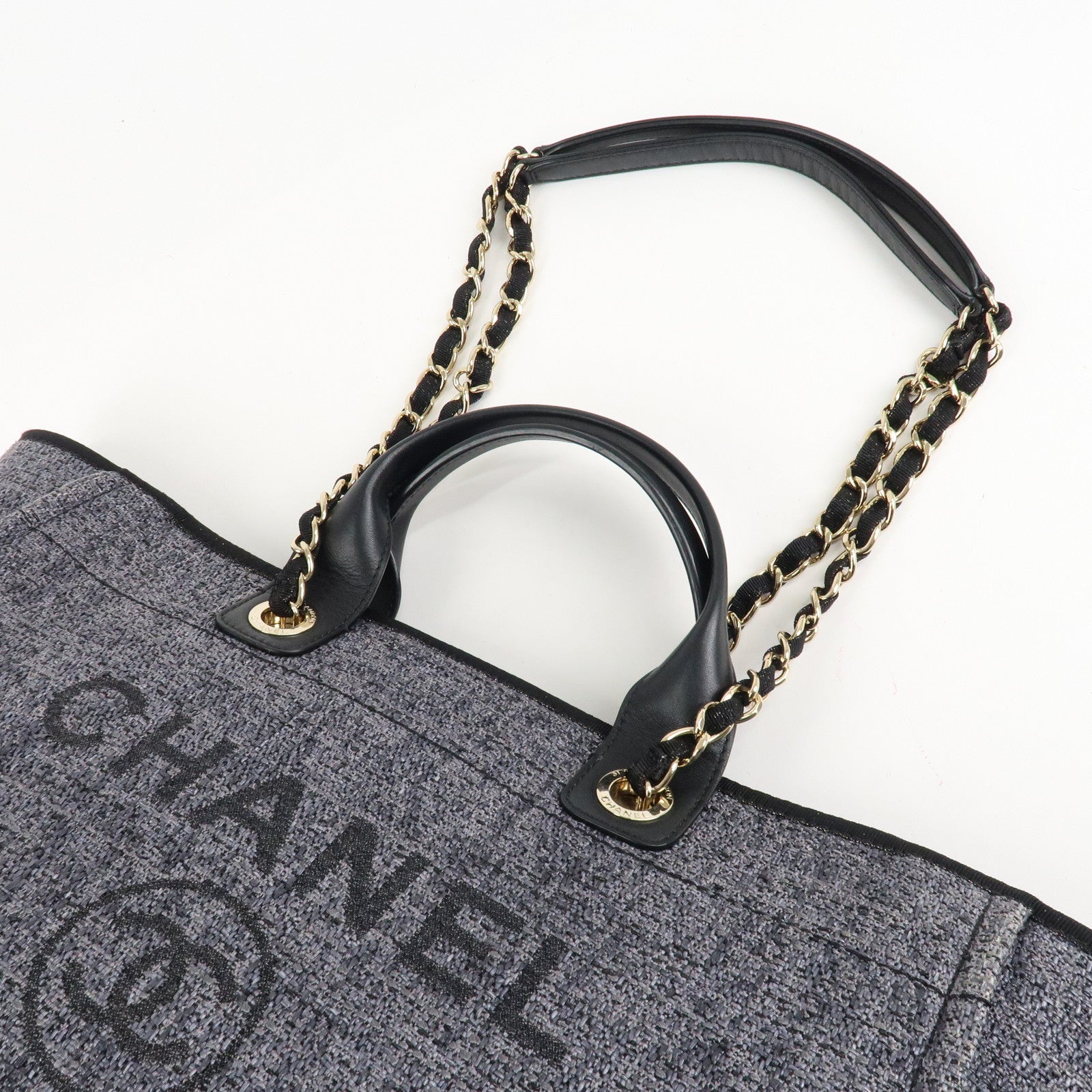CHANEL Deauville Raffia Leather Chain Tote Bag GM A66941 Navy Used