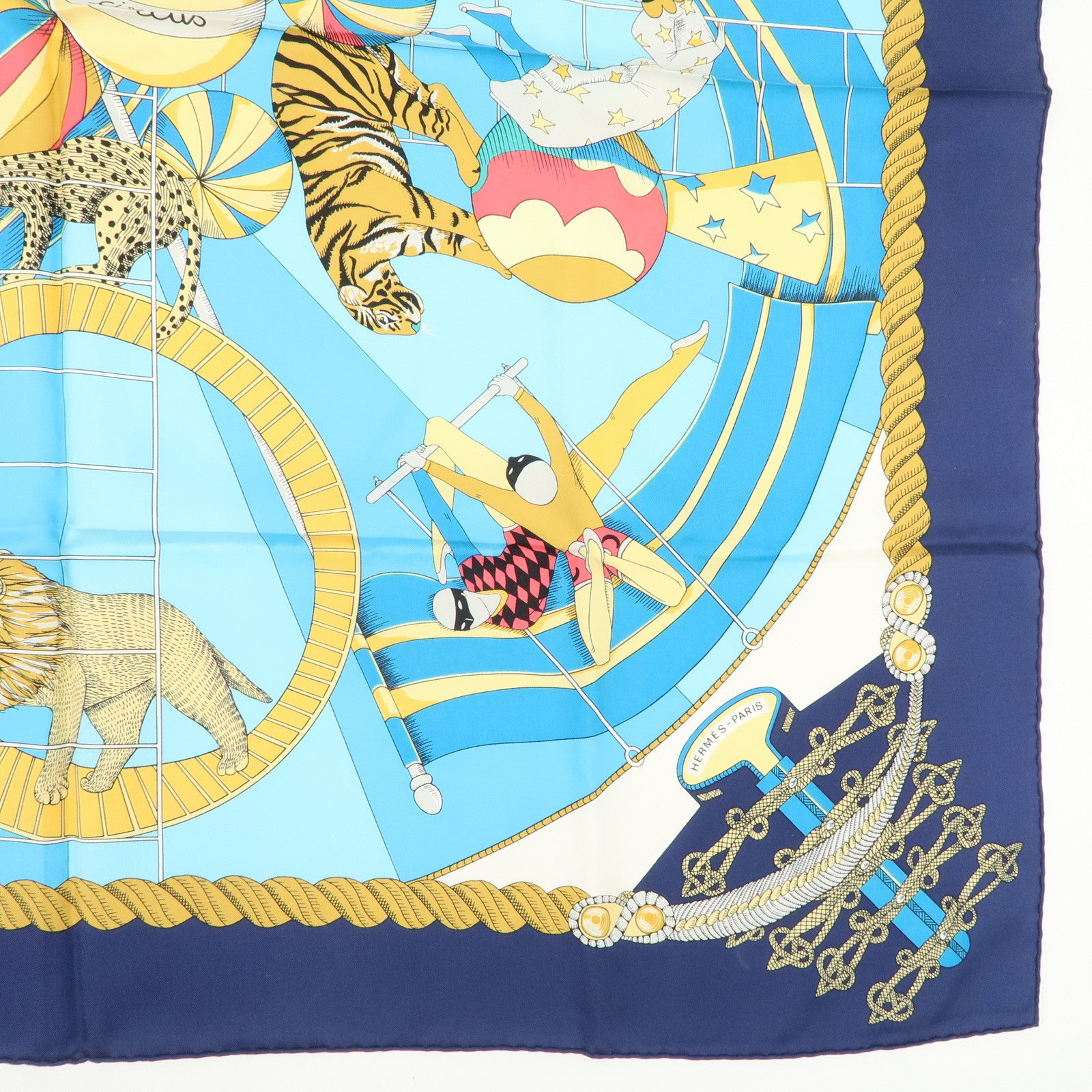 HERMES Carre 90 Silk 100% Scarf Circus Blue Navy Gold Used