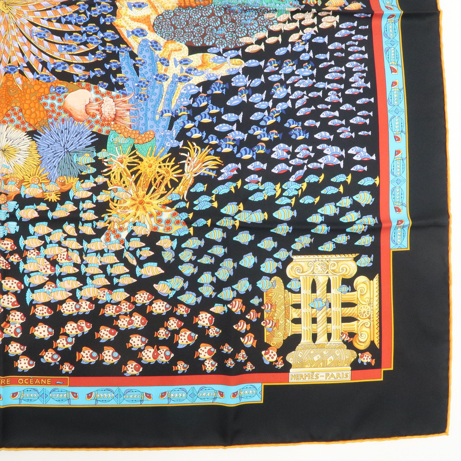 HERMES Carre 90 Silk 100% Scarf RENCONTRE OCEANE Black Multicolor Used