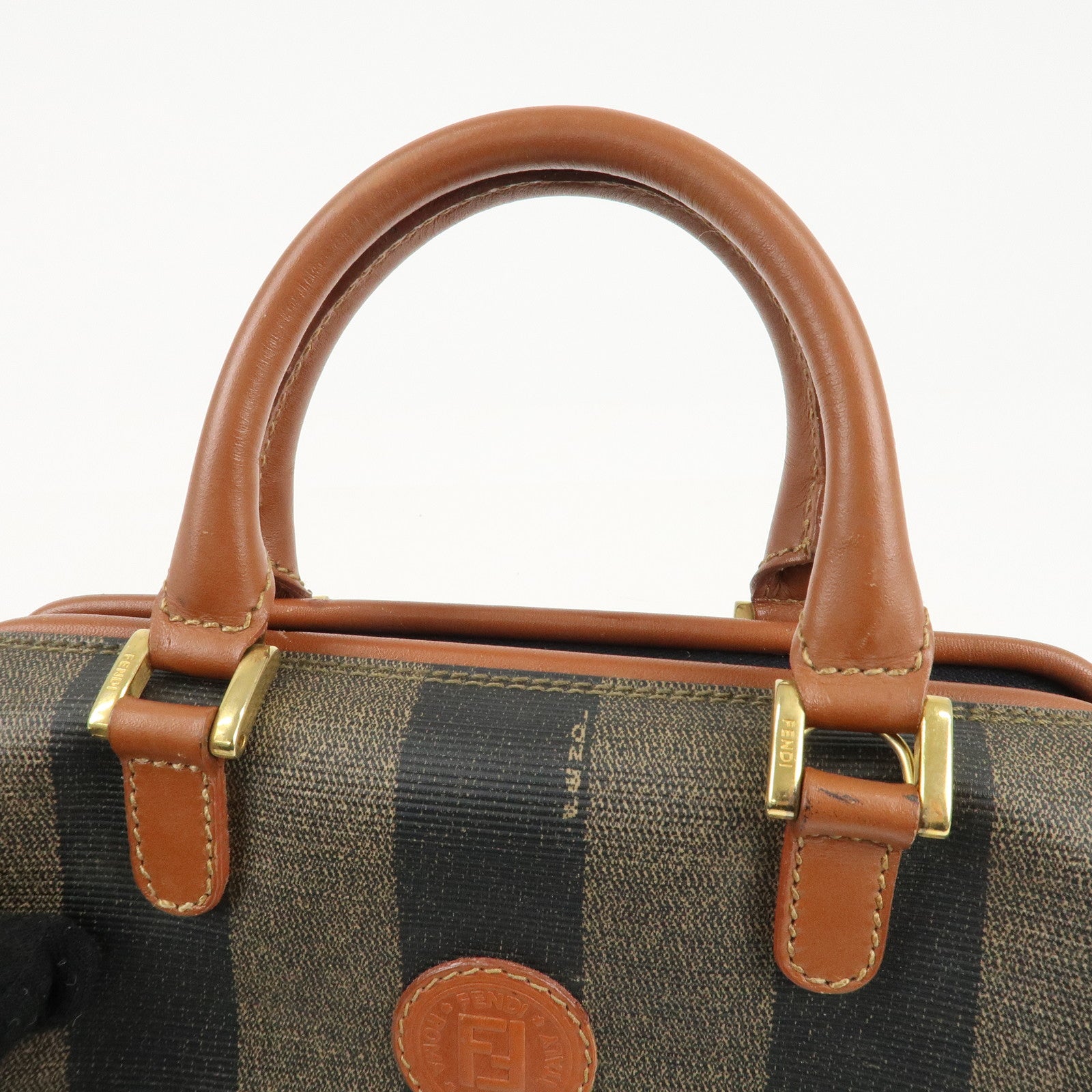 FENDI Pequin PVC Leather Mini Boston Bag Khaki Brown Black Used