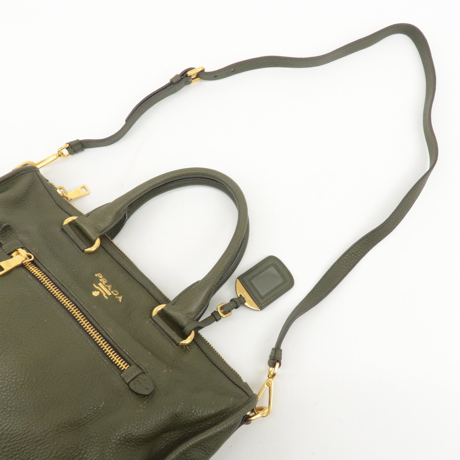 PRADA Leather 2Way Bag Hand Bag Shoulder Bag Khaki BL0805 Used