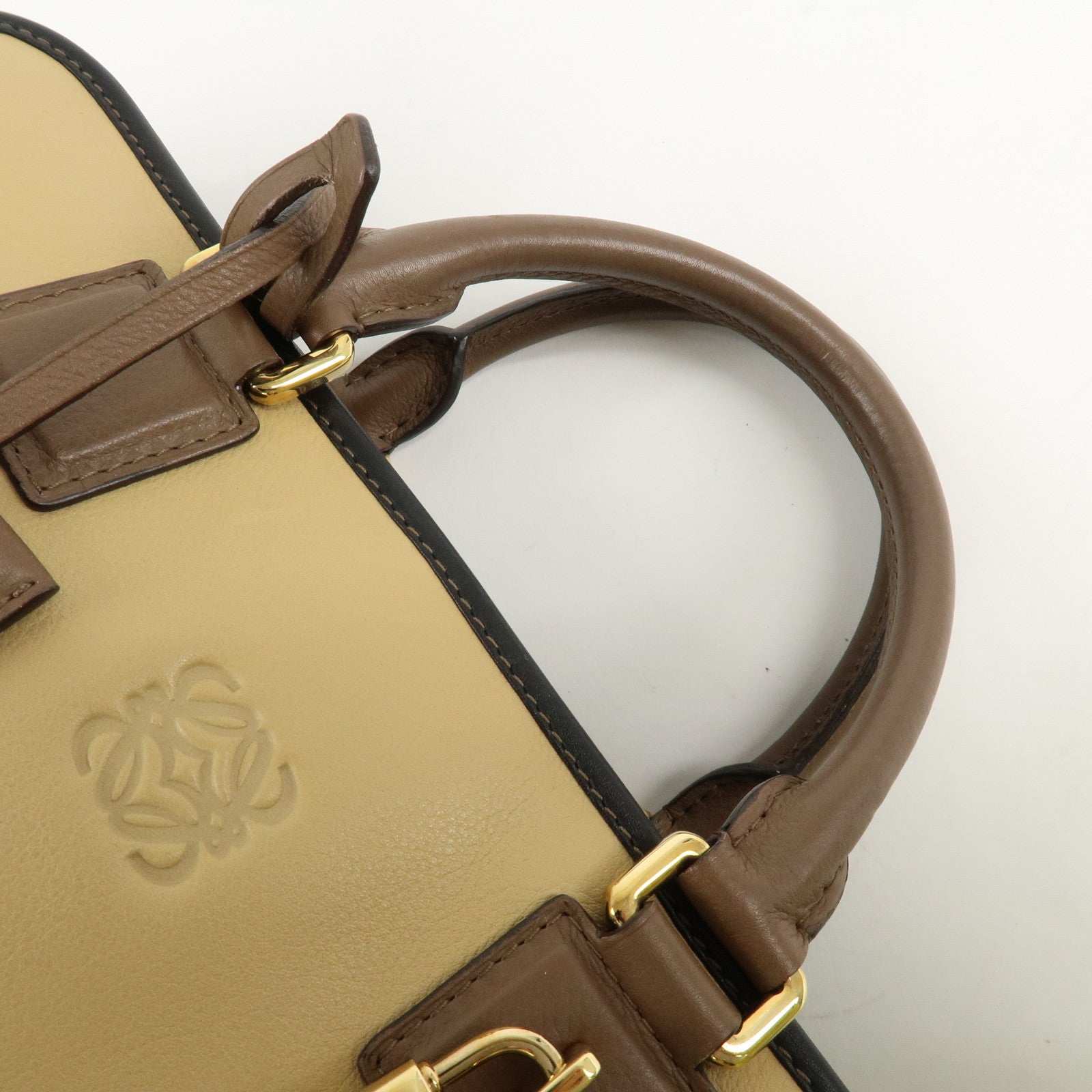 LOEWE Anagram Leather Amasona 28 Hand Bag Beige Black Brown Used