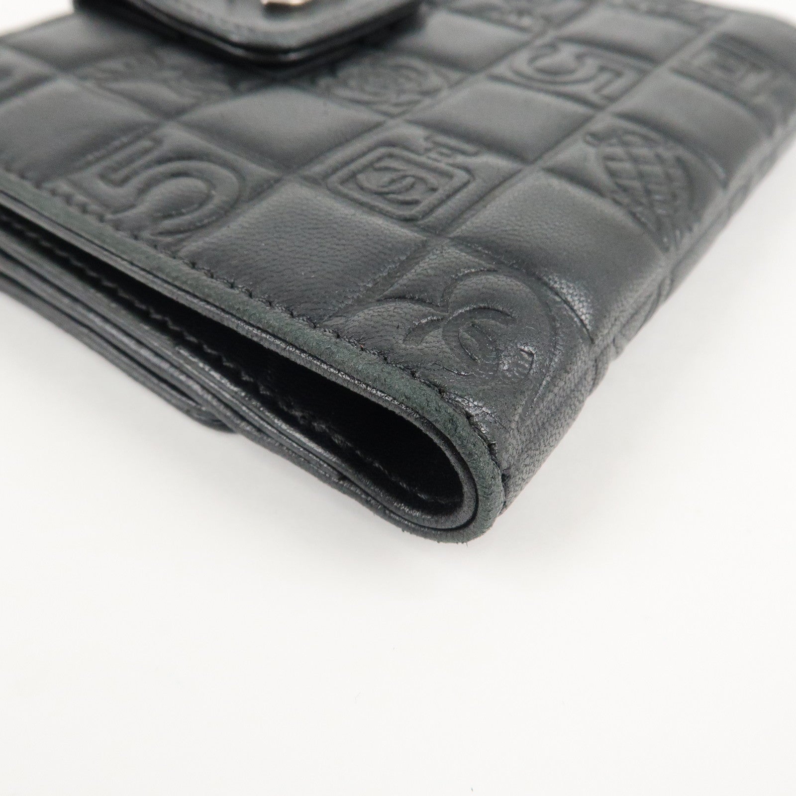 CHANEL Icon Line Lamb Skin W Flap Bi-fold Wallet Black A24212 Used