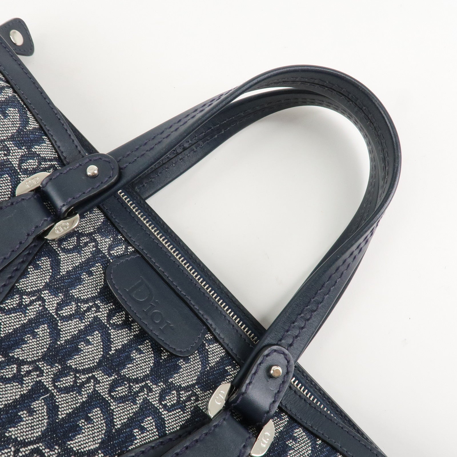 Christian Dior Trotter Canvas Leather Tote Bag Hand Bag Navy White Used