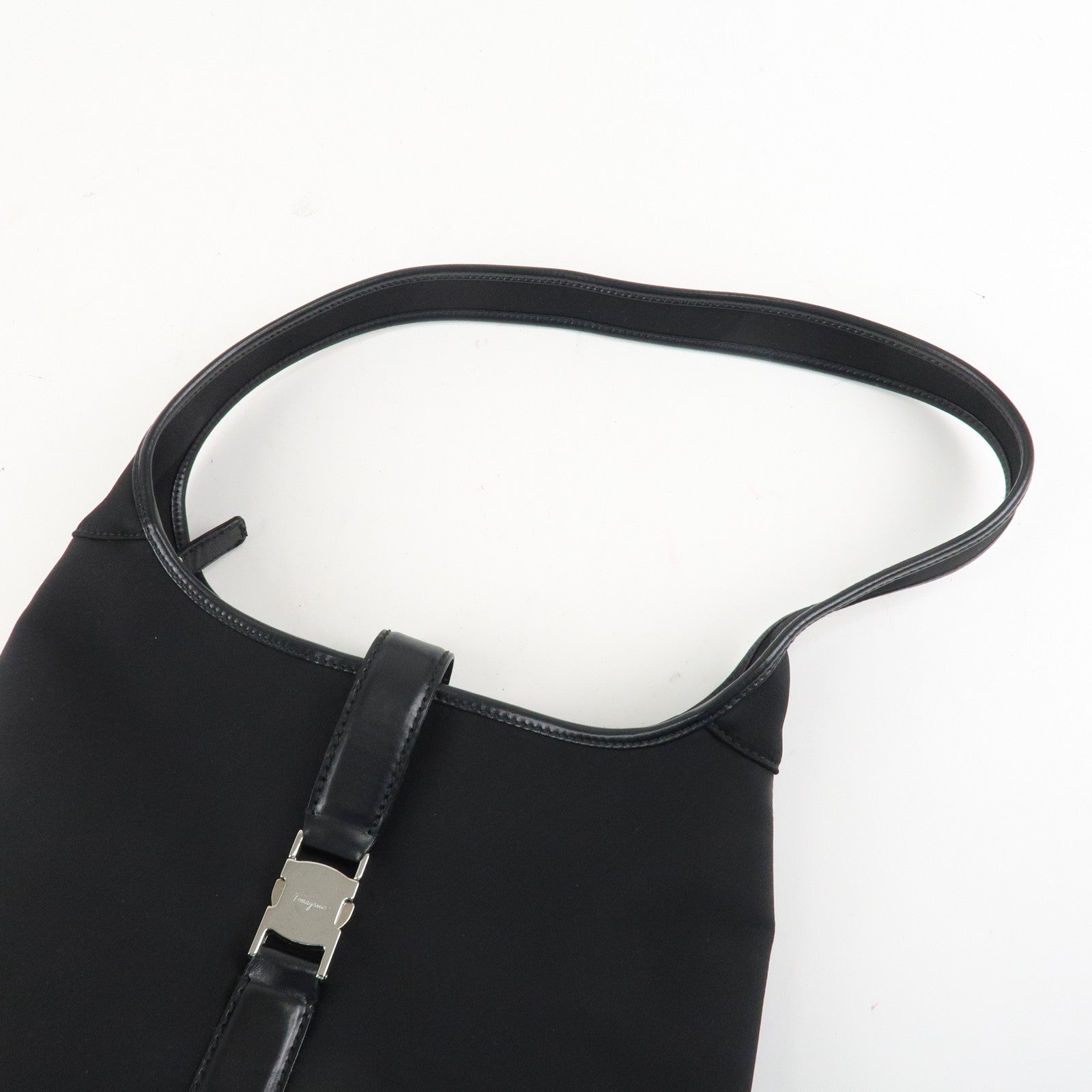 Ferragamo Nylon Leather Shoulder Bag Hand Bag Silver HDW Black Used