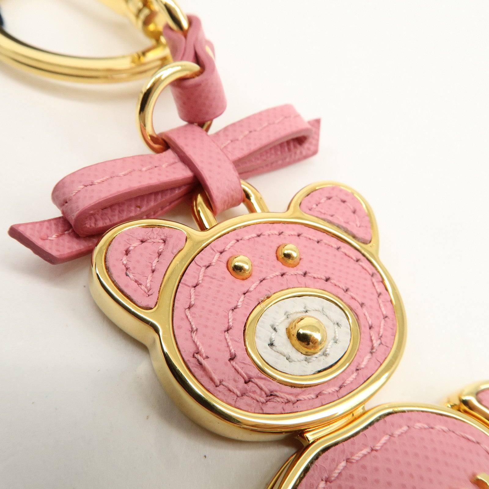 PRADA Saffiano Leather Metal Bear Bag Charm Key Chain Pink Used
