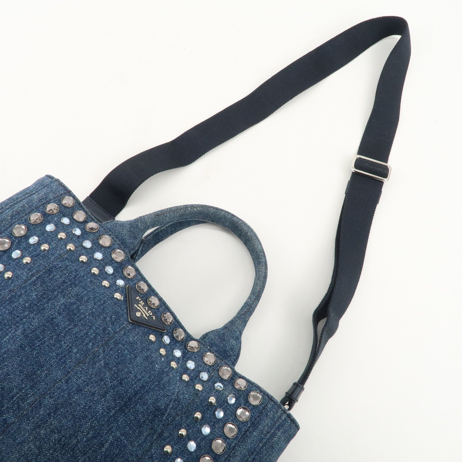 PRADA Logo Canapa Mini Denim Bijou 2Way Tote Bag Denim Blue 1BG439 Used