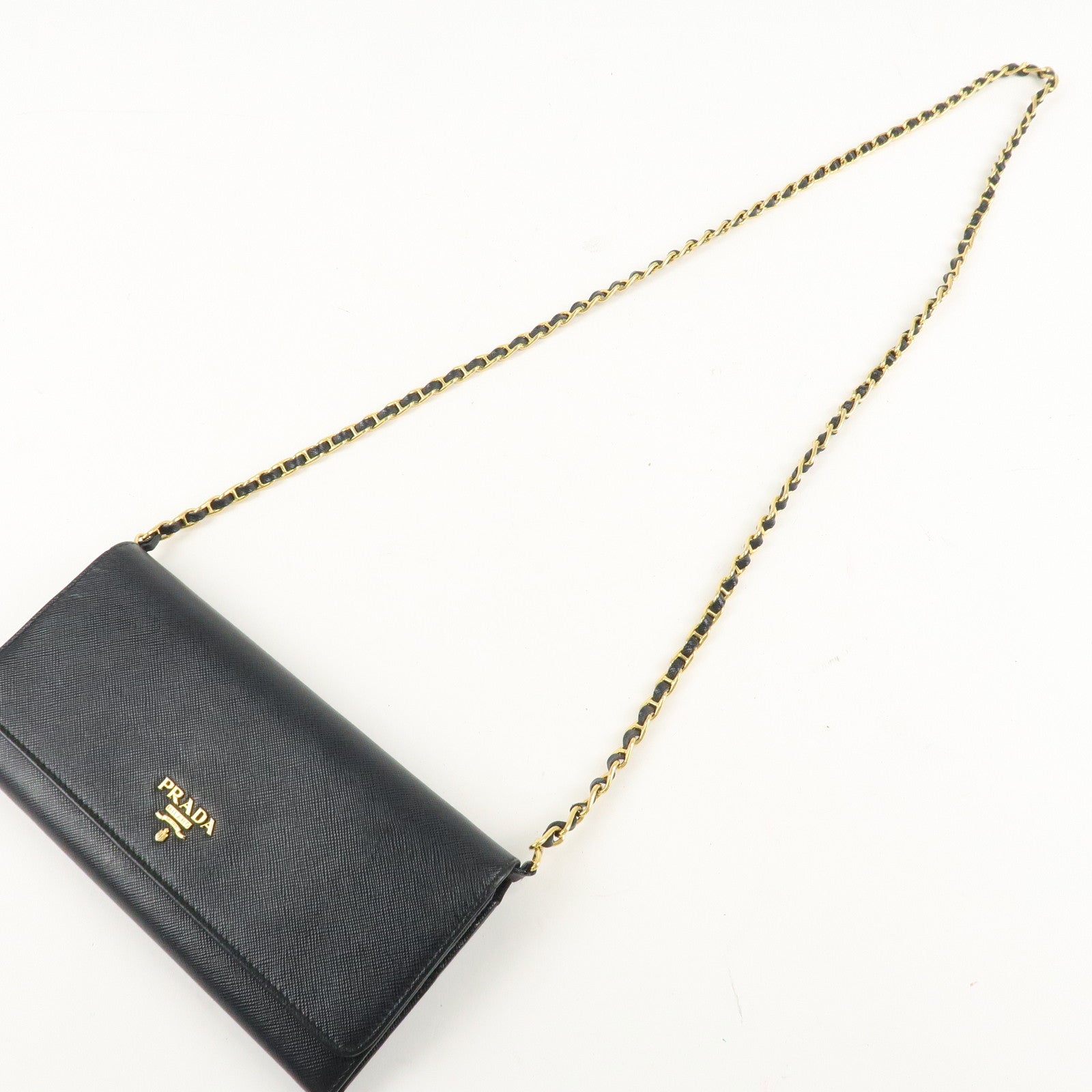PRADA Saffiano Leather Chain Wallet Purse Black 1MT290 Used