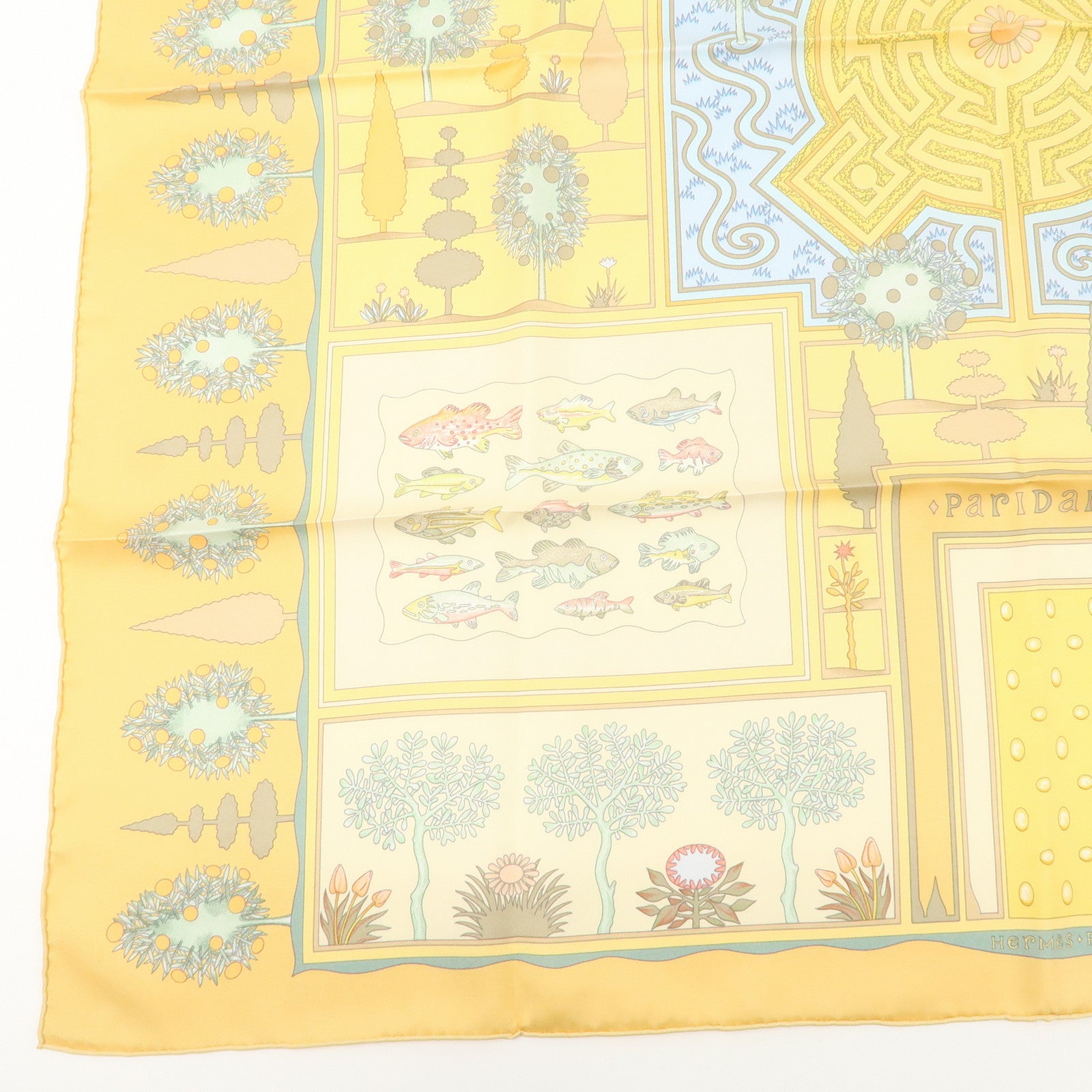 HERMES Carre 90 Silk 100% Scarf Paridaiza Yellow Blue Used
