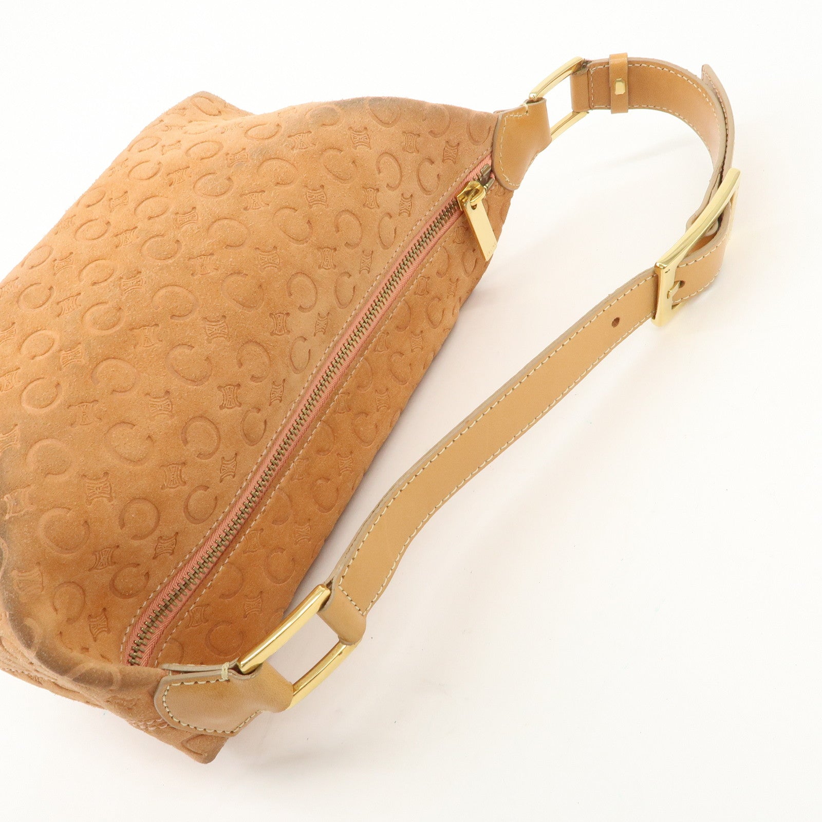 CELINE C Macadam Suede Leather Shoulder Bag Pink Beige Used