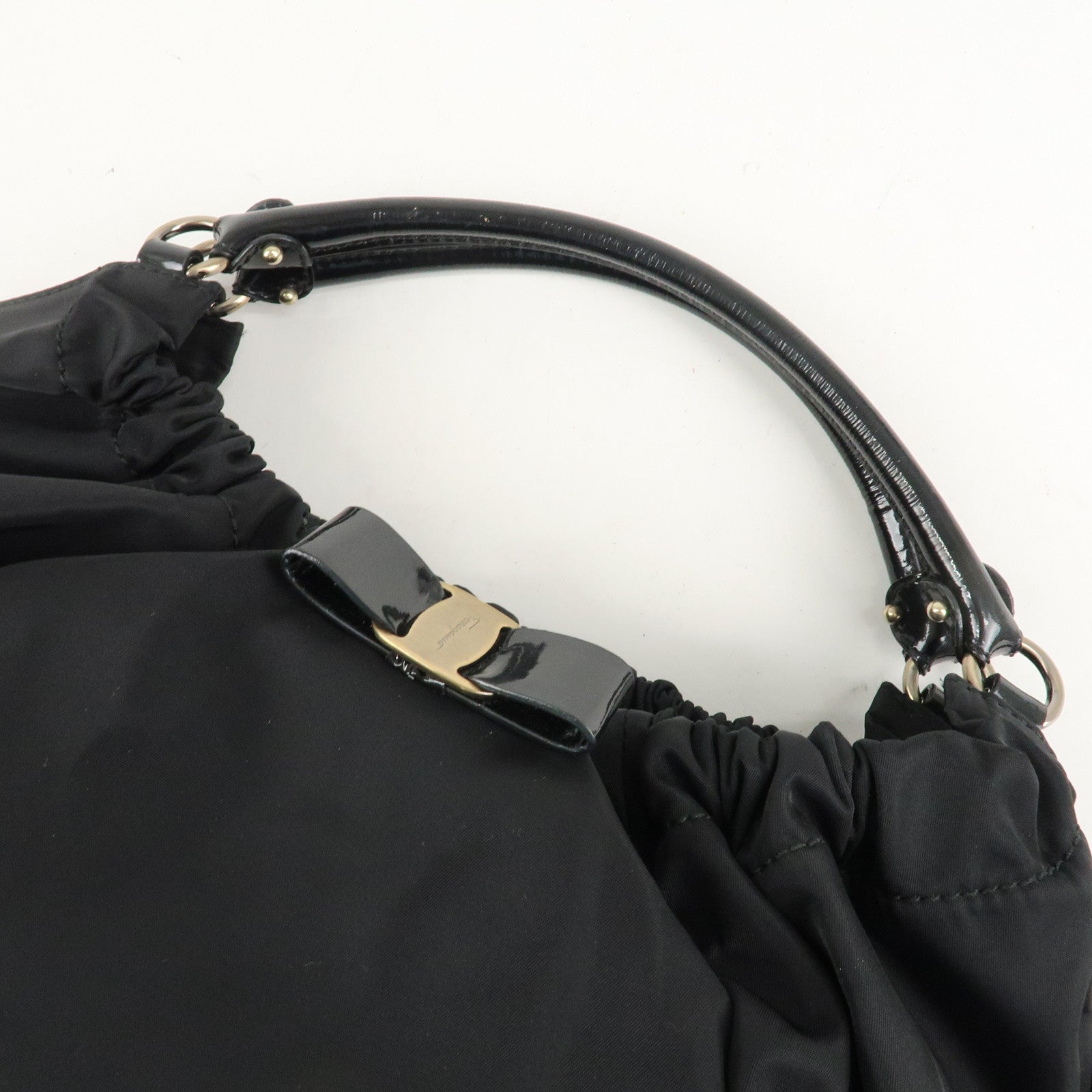 Ferragamo Nylon Patent Leather Shoulder Bag Hand Bag Black Used