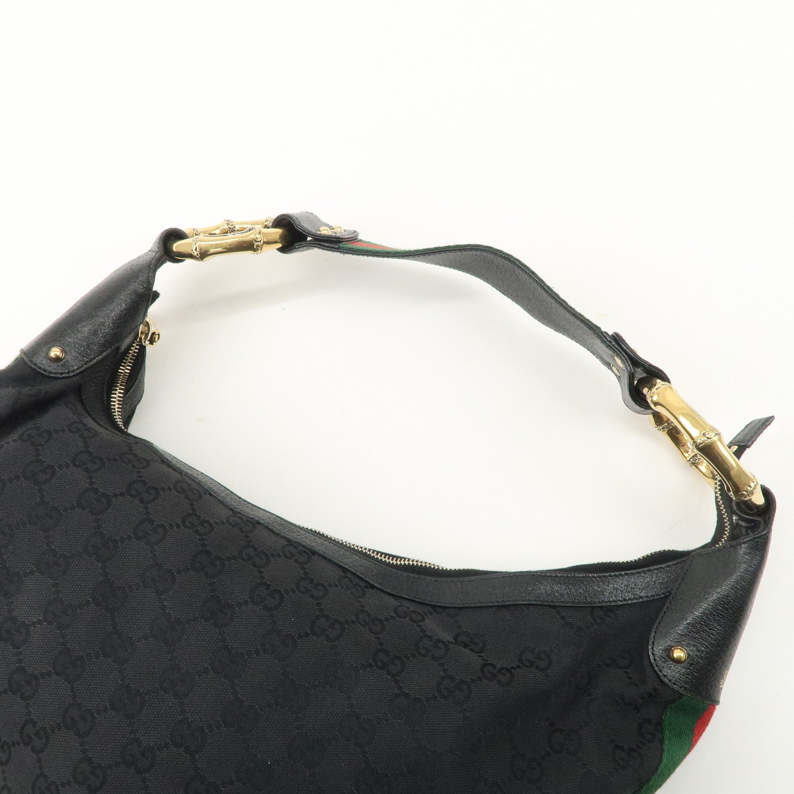 GUCCI Bamboo Sherry GG Canvas Leather Shoulder Bag Black 131036 Used