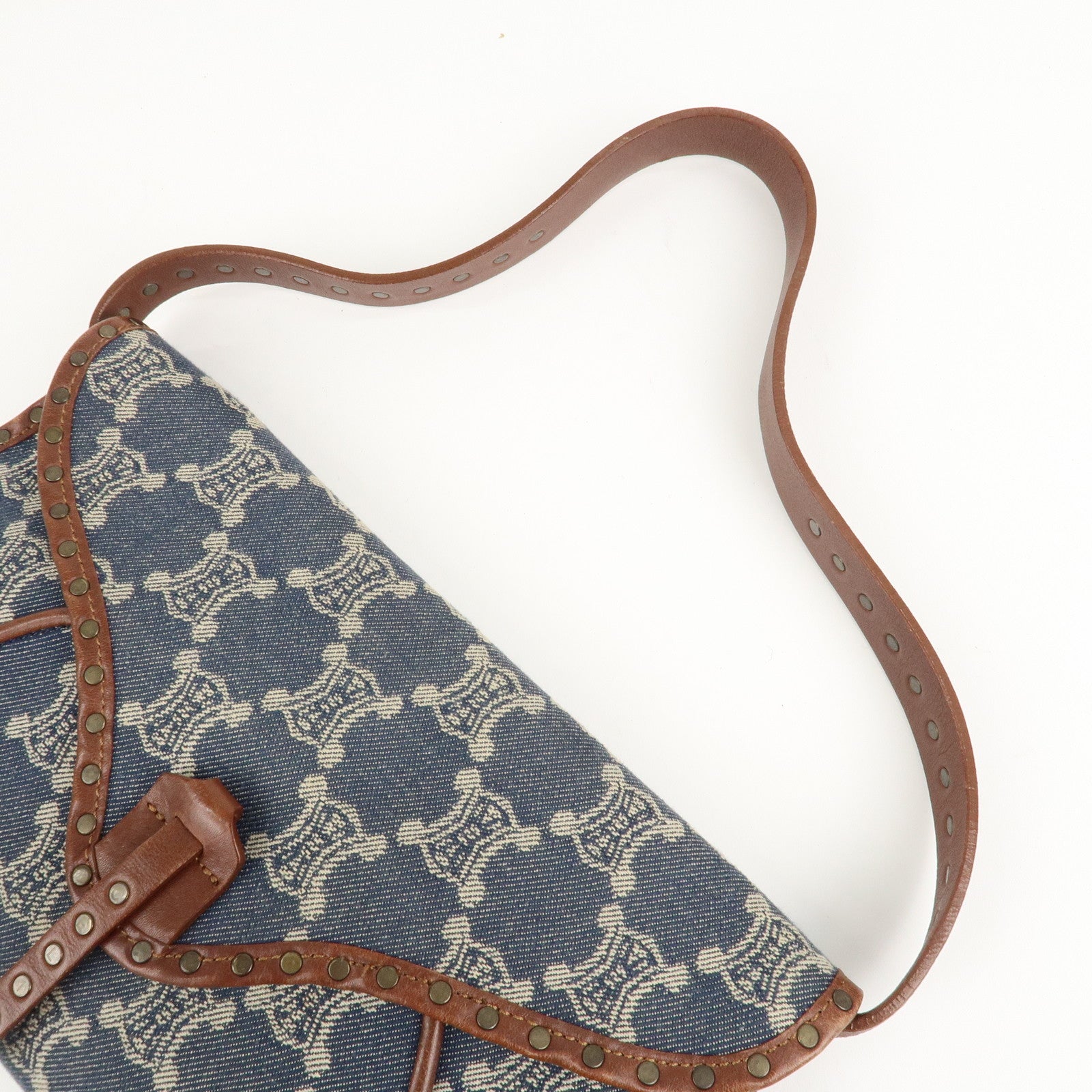 CELINE Macadam Denim Leather Shoulder Bag Blue Brown Used