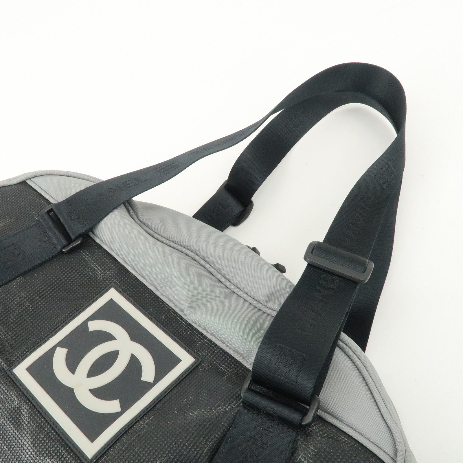 CHANEL Sportsline Nylon Canvas Boston Bag Black Gray A19976 Used