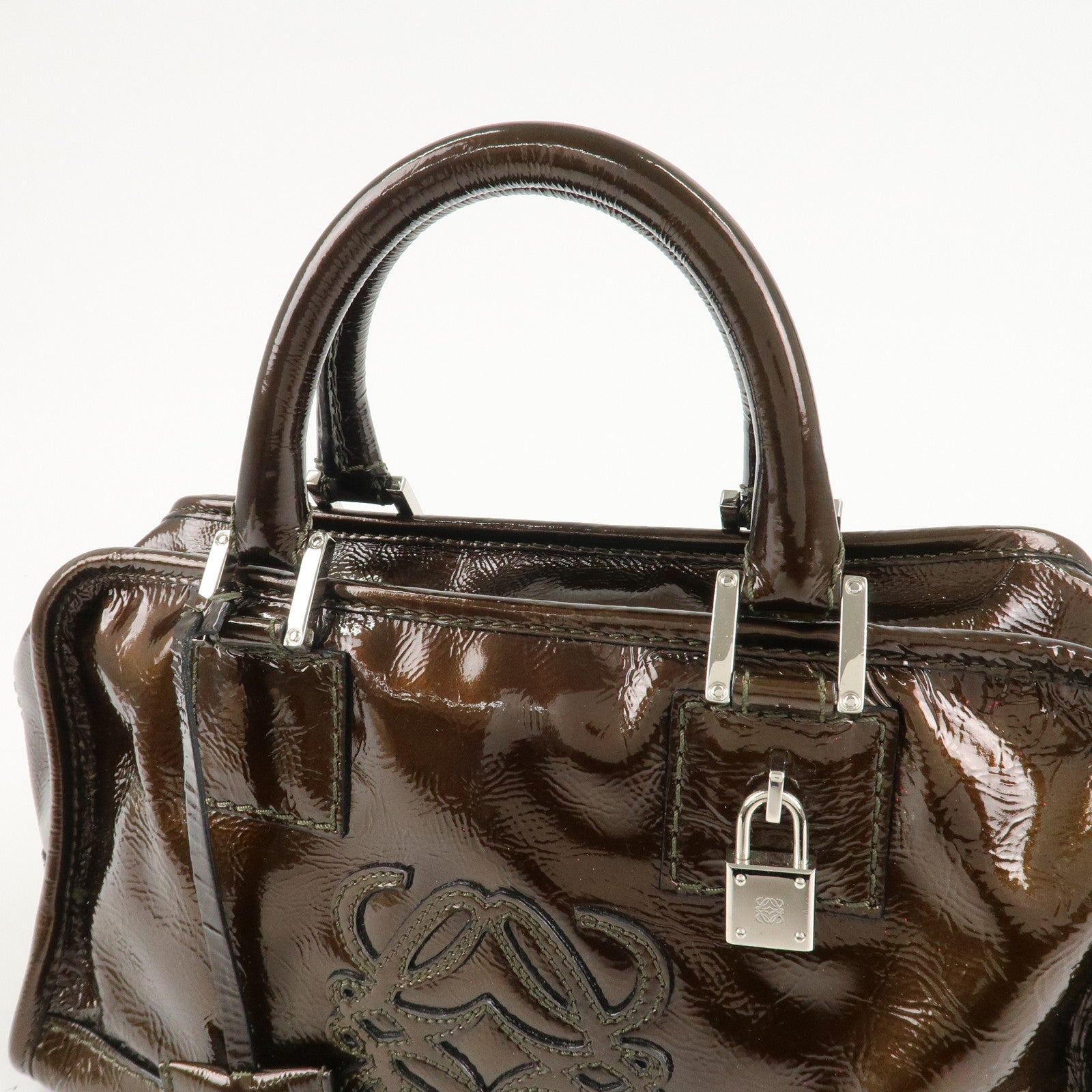 LOEWE Anagram Patent Leather Amasona28 Hand Bag Bronze Used