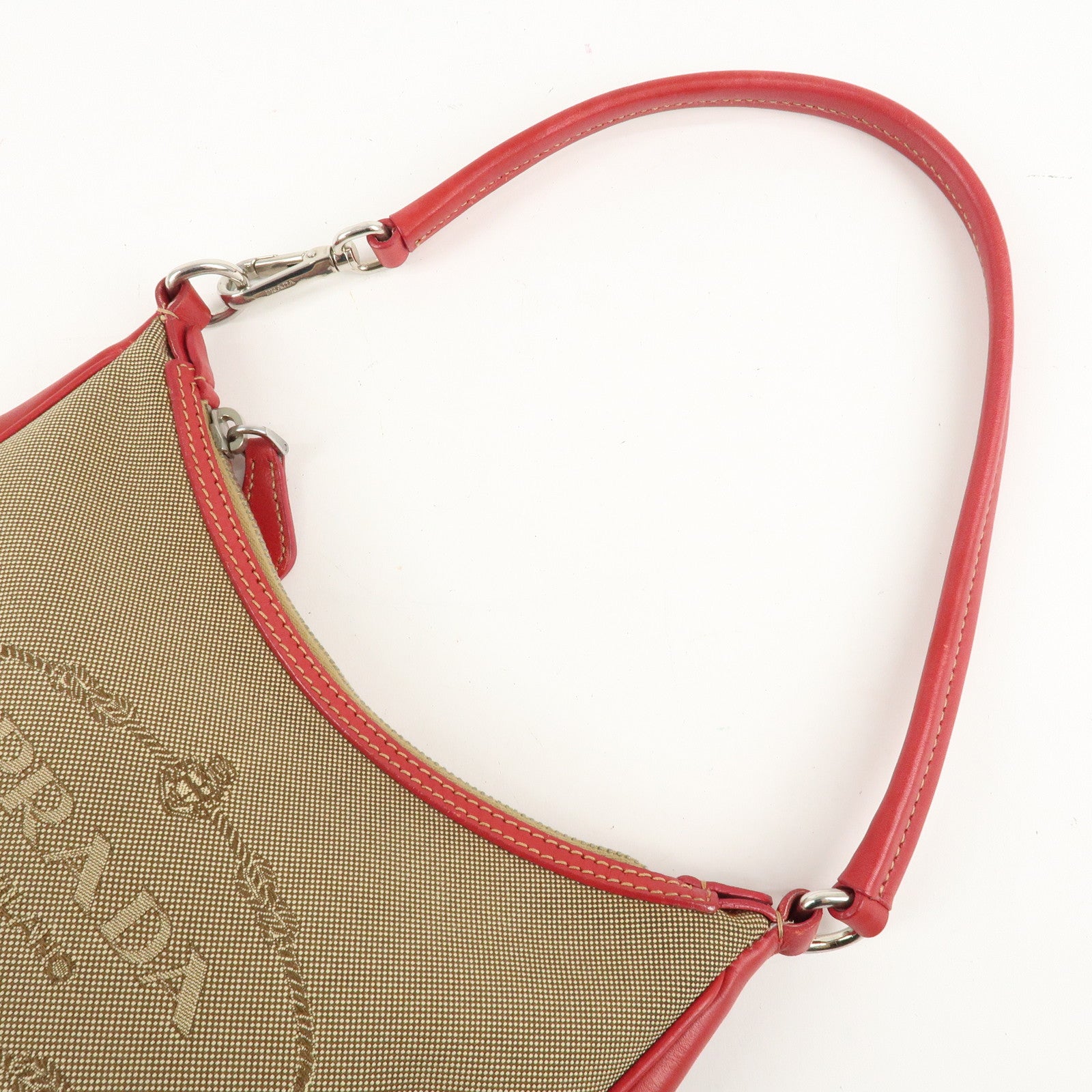 PRADA Logo Jacquard Leather Shoulder Bag Beige Red Used