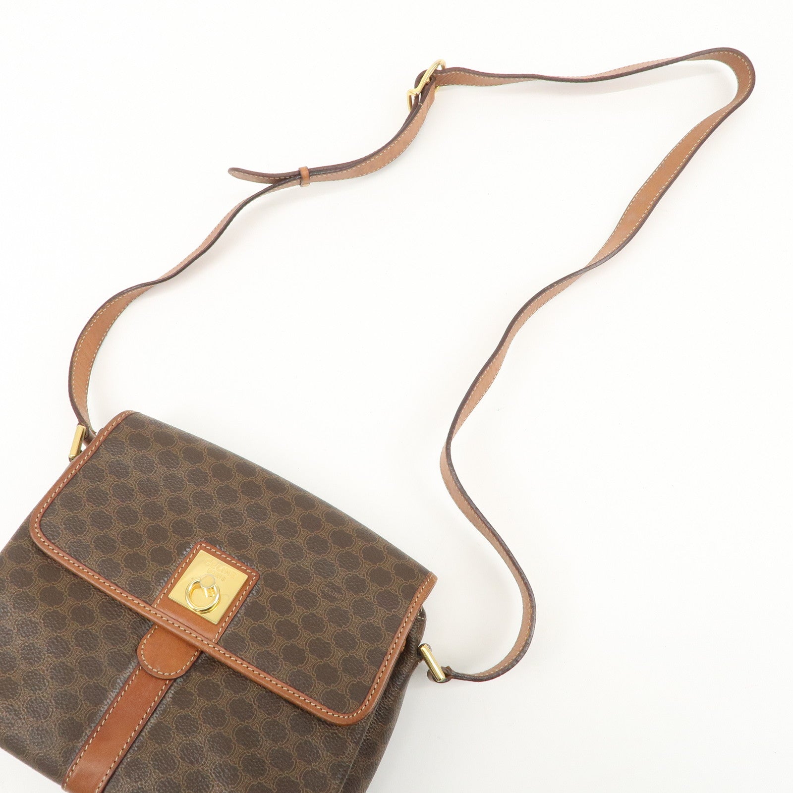 CELINE Macadam PVC Leather Shoulder Bag Brown Gold Hardware Used