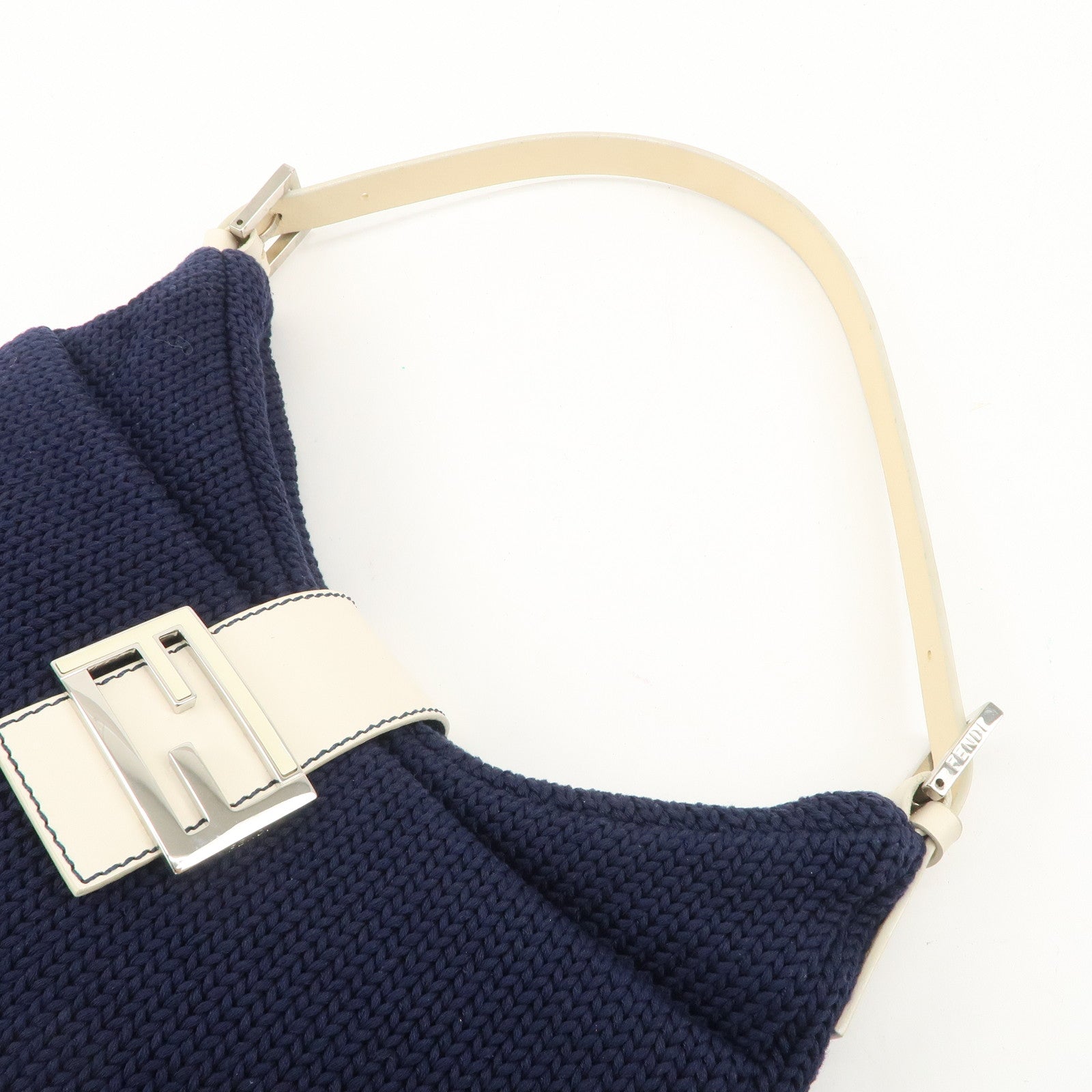 FENDI Wool Leather Shoulder Bag Navy White 26569 Used