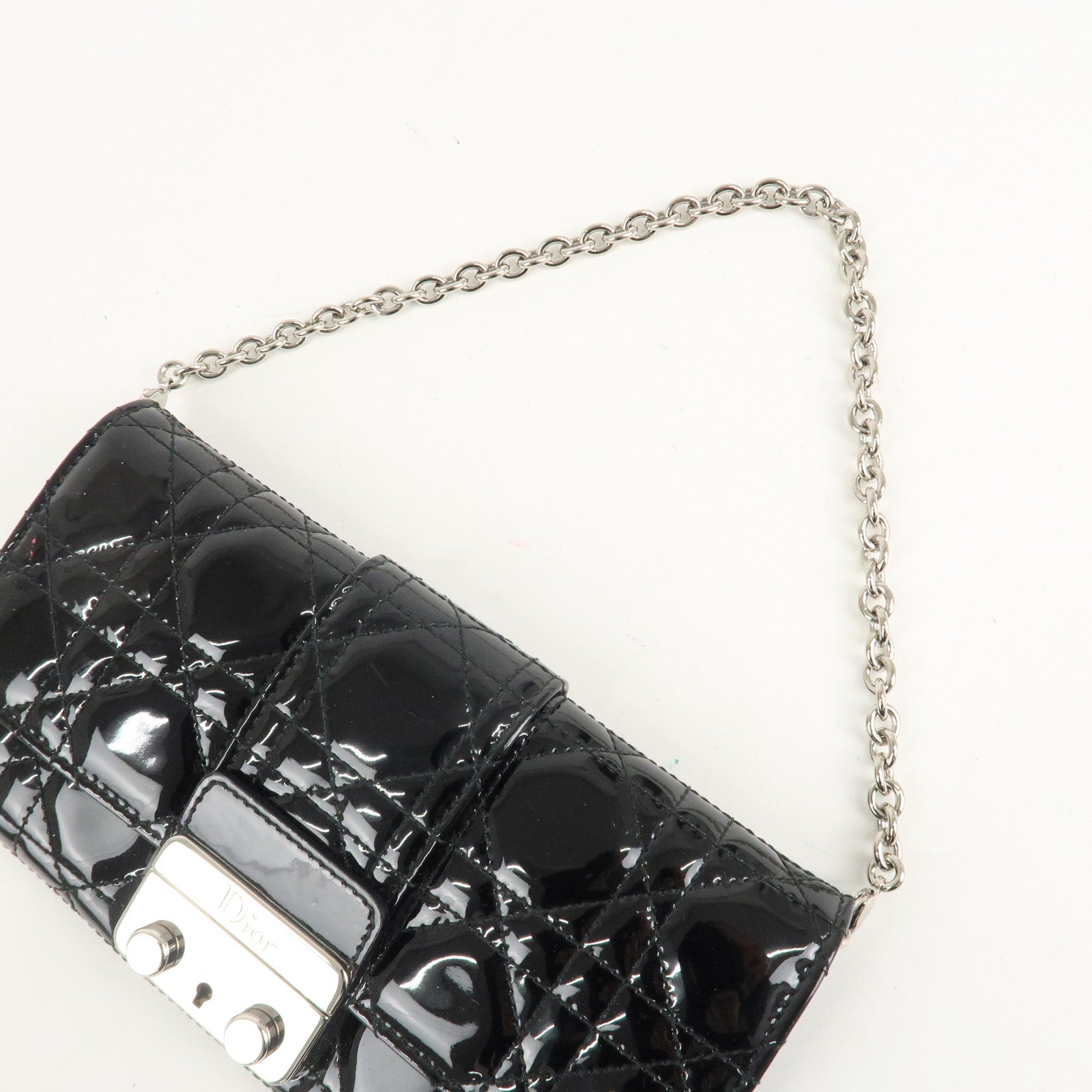 Christian Dior New Lock Cannage Patent Leather Chain Long Wallet Used