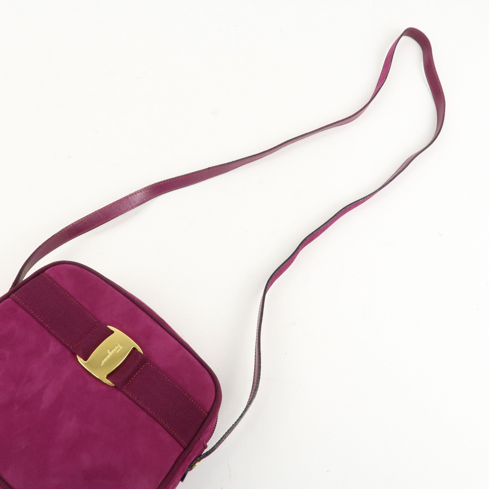 Ferragamo Vara Ribbon Suede Leather Shoulder Bag Purple Used