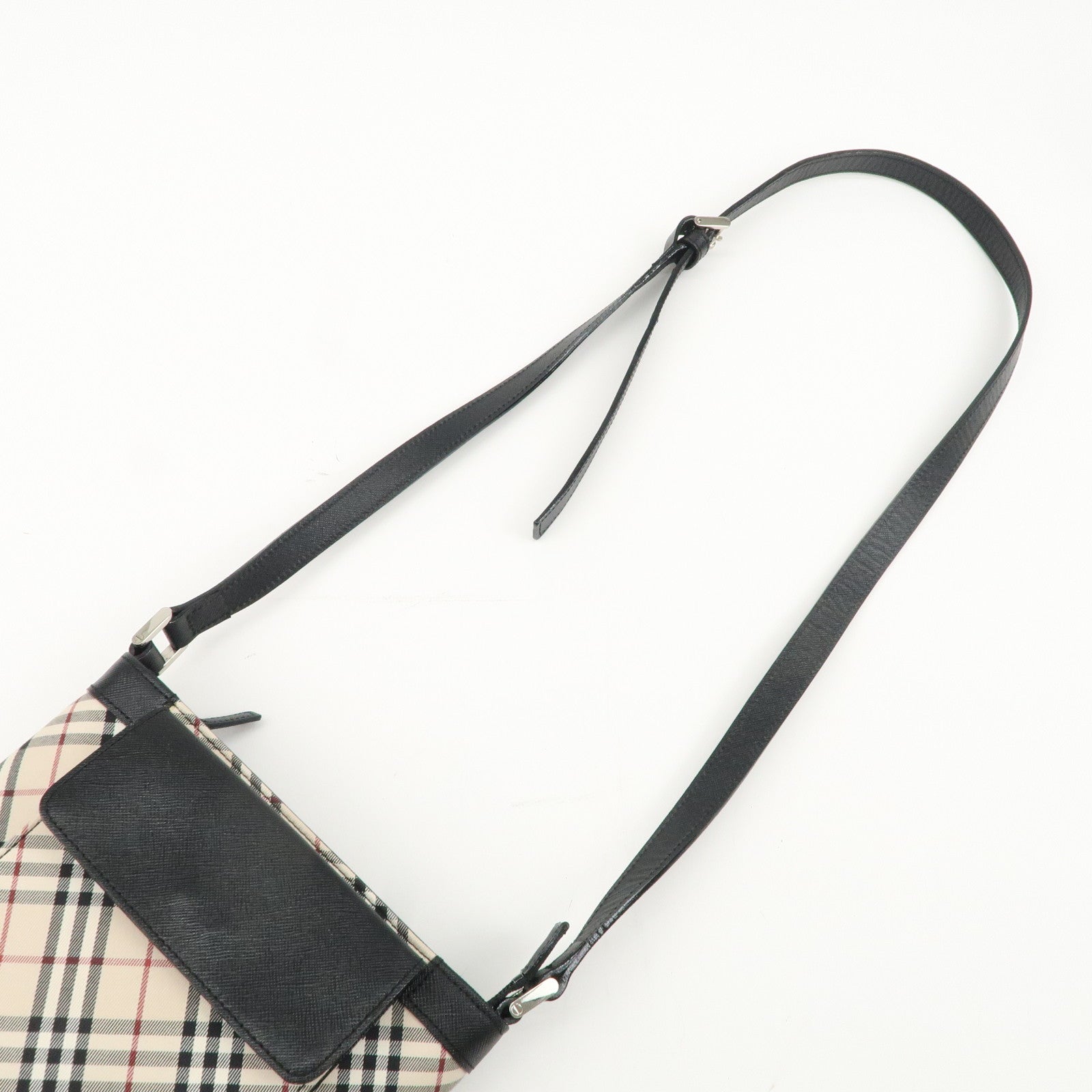 BURBERRY Canvas Leather Nova Plaid Shoulder Bag Beige Black Used