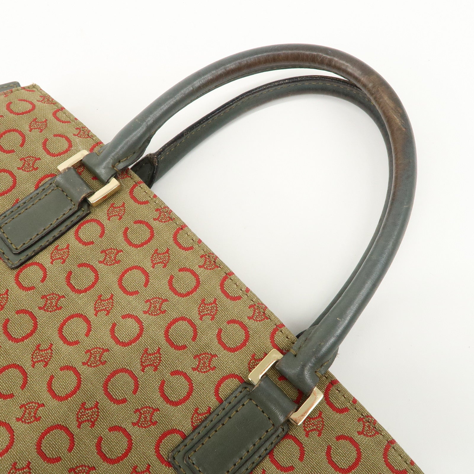 CELINE Macadam Canvas Hand Bag Brown Red Khaki Used