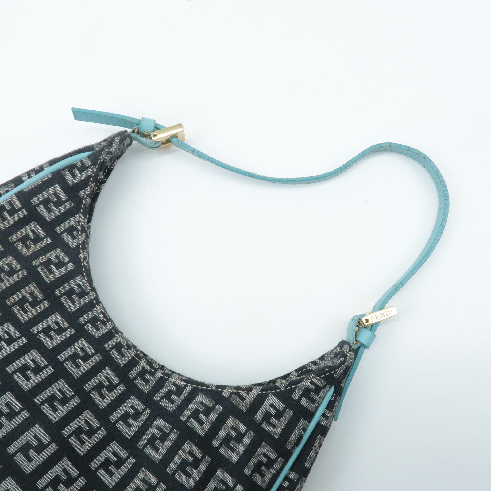 FENDI Zucchino Canvas Leather Shoulder Bag Black White Blue 8BR158 Used