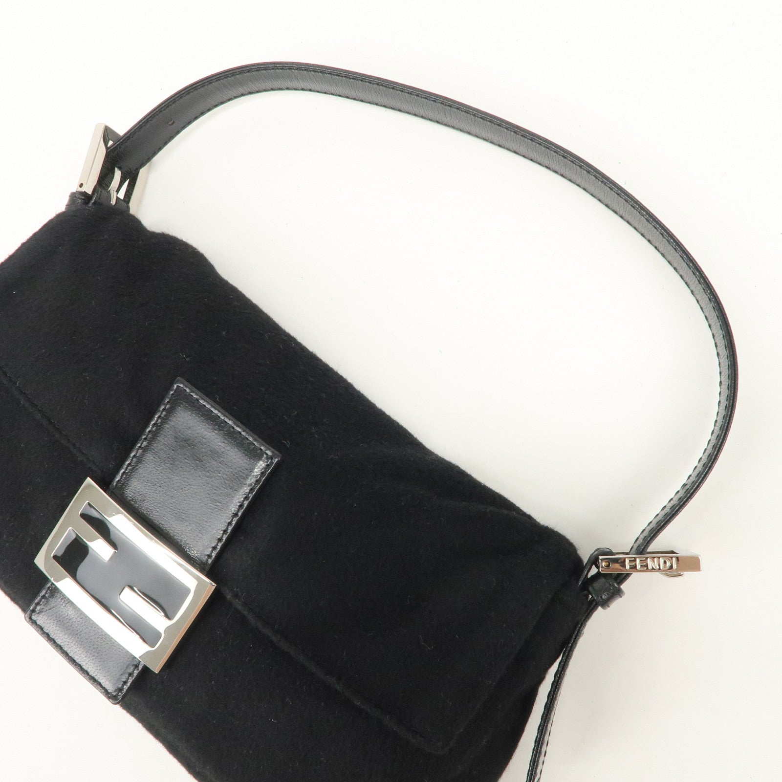 FENDI Mamma Baguette Cashmere Leather Shoulder Bag Black 26424 Used