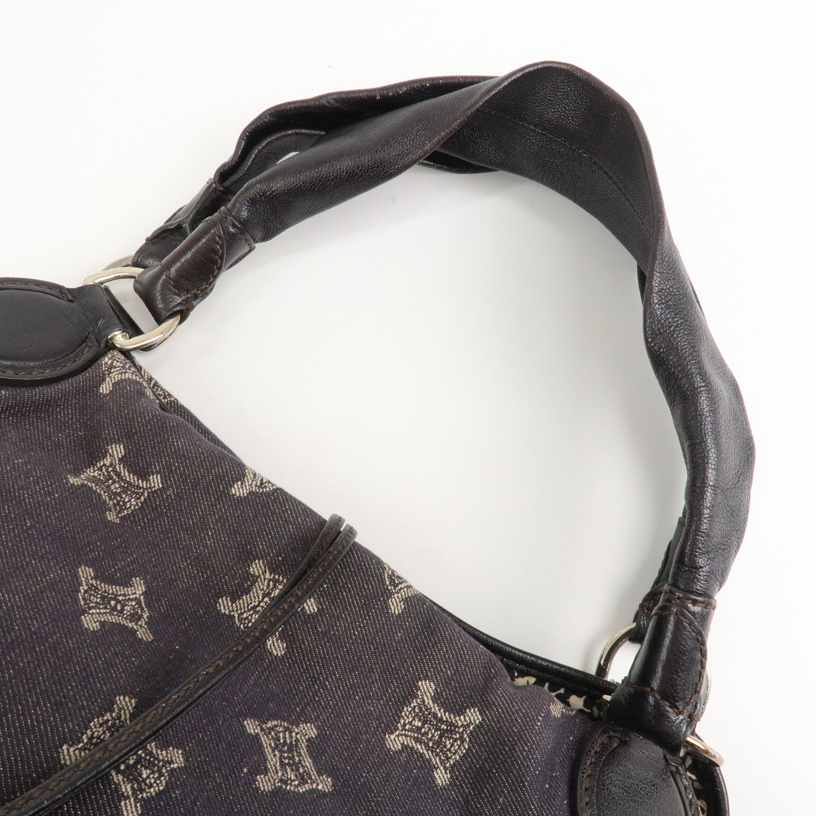 CELINE Macadam Denim Leather Bitter Sweet Shoulder Bag Navy Brown Used