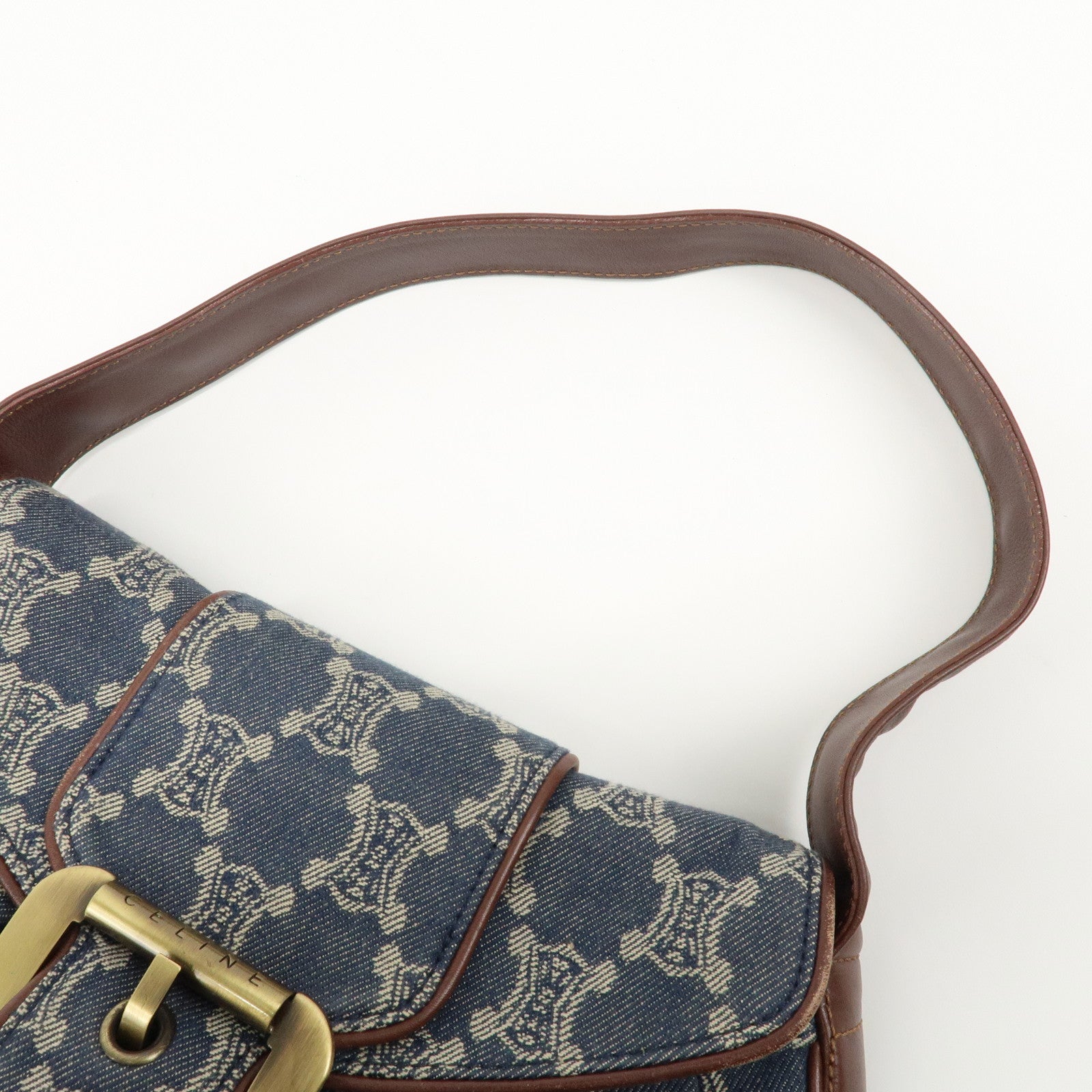 CELINE Macadam Denim Leather Shoulder Bag Blue Brown Used
