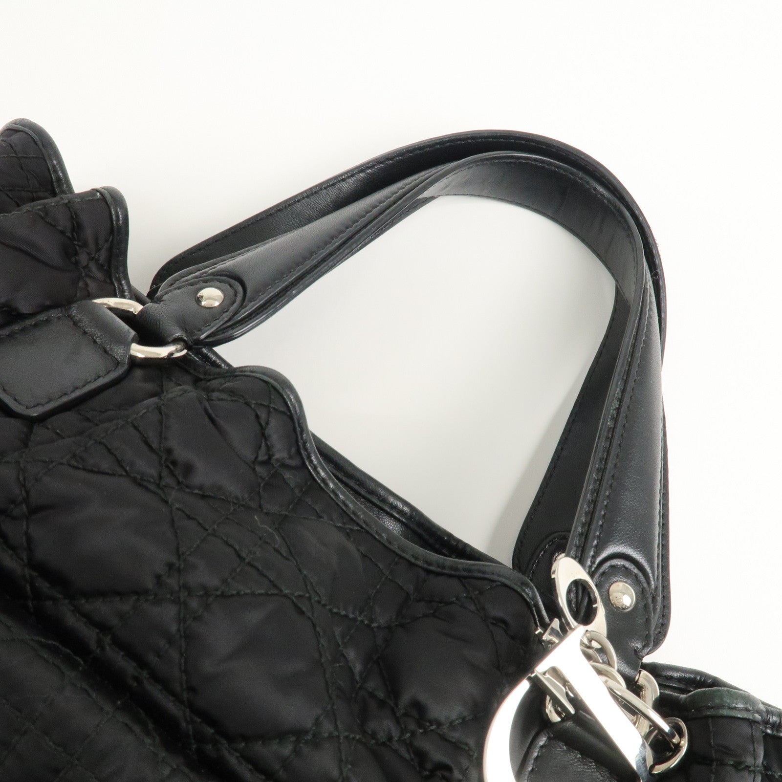 Christian Dior Cannage Nylon Leather Tote Bag Hand Bag Black Used