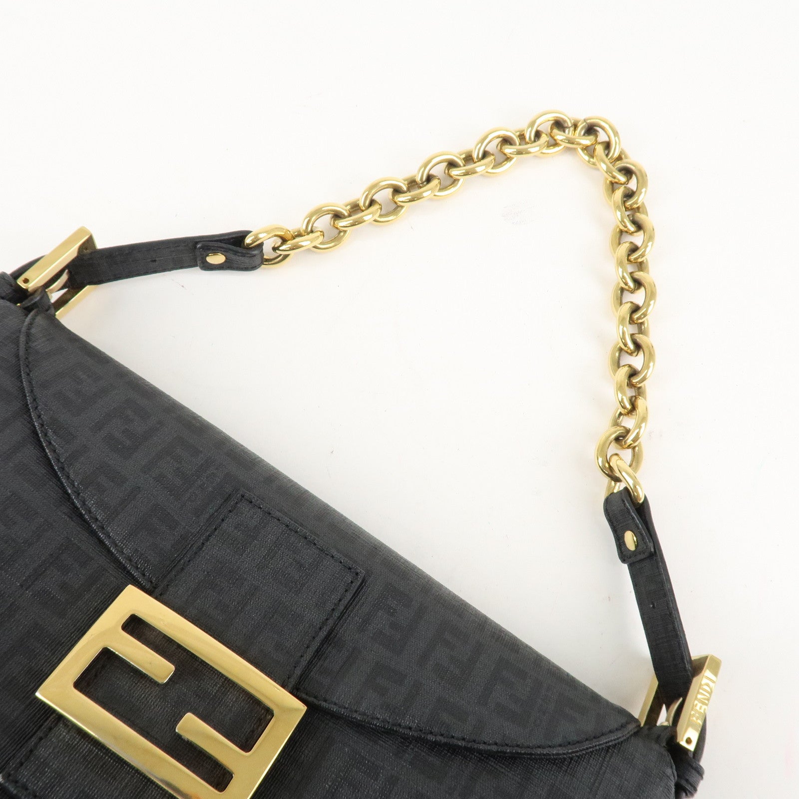 FENDI Zucchino PVC Leather Chain Shoulder Bag Gray Black 8BR003 Used