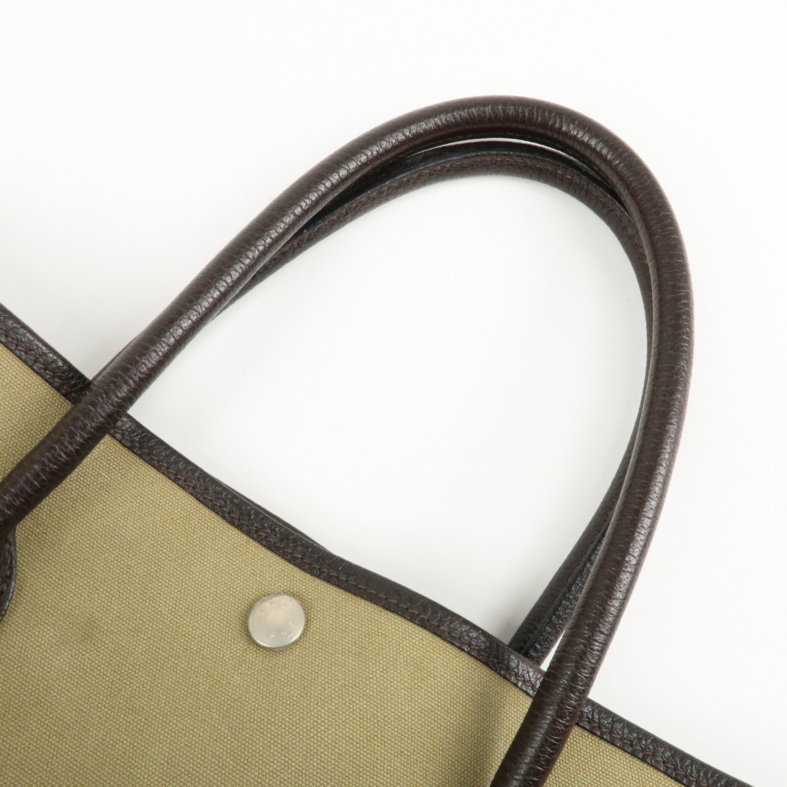 HERMES ToileOfficier Garden Party PM T Stamped Tote Bag Khaki Used