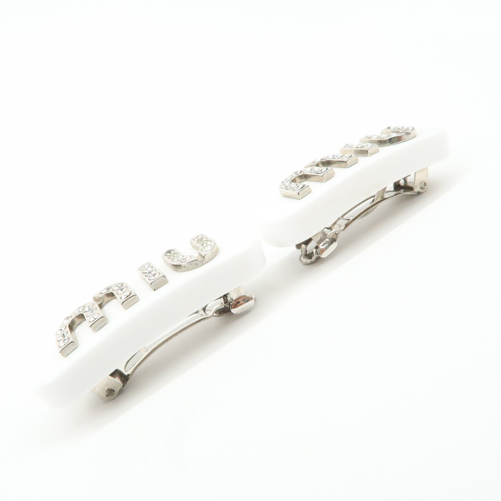 MIU MIU Plastic Rhine Stone Hair Clip White Silver Used