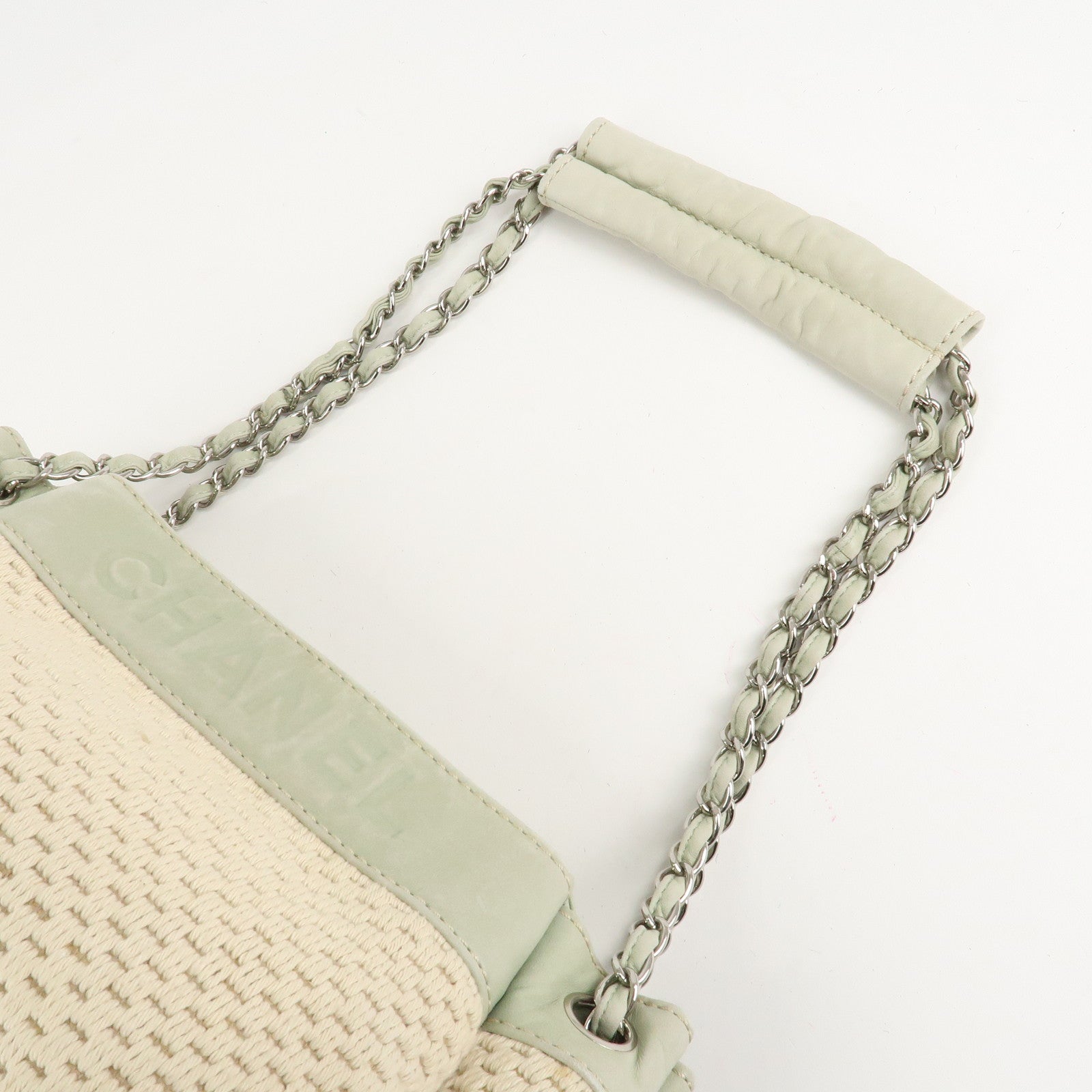 CHANEL Cotton Leather Chain Shoulder Bag Ivory Light Green Used