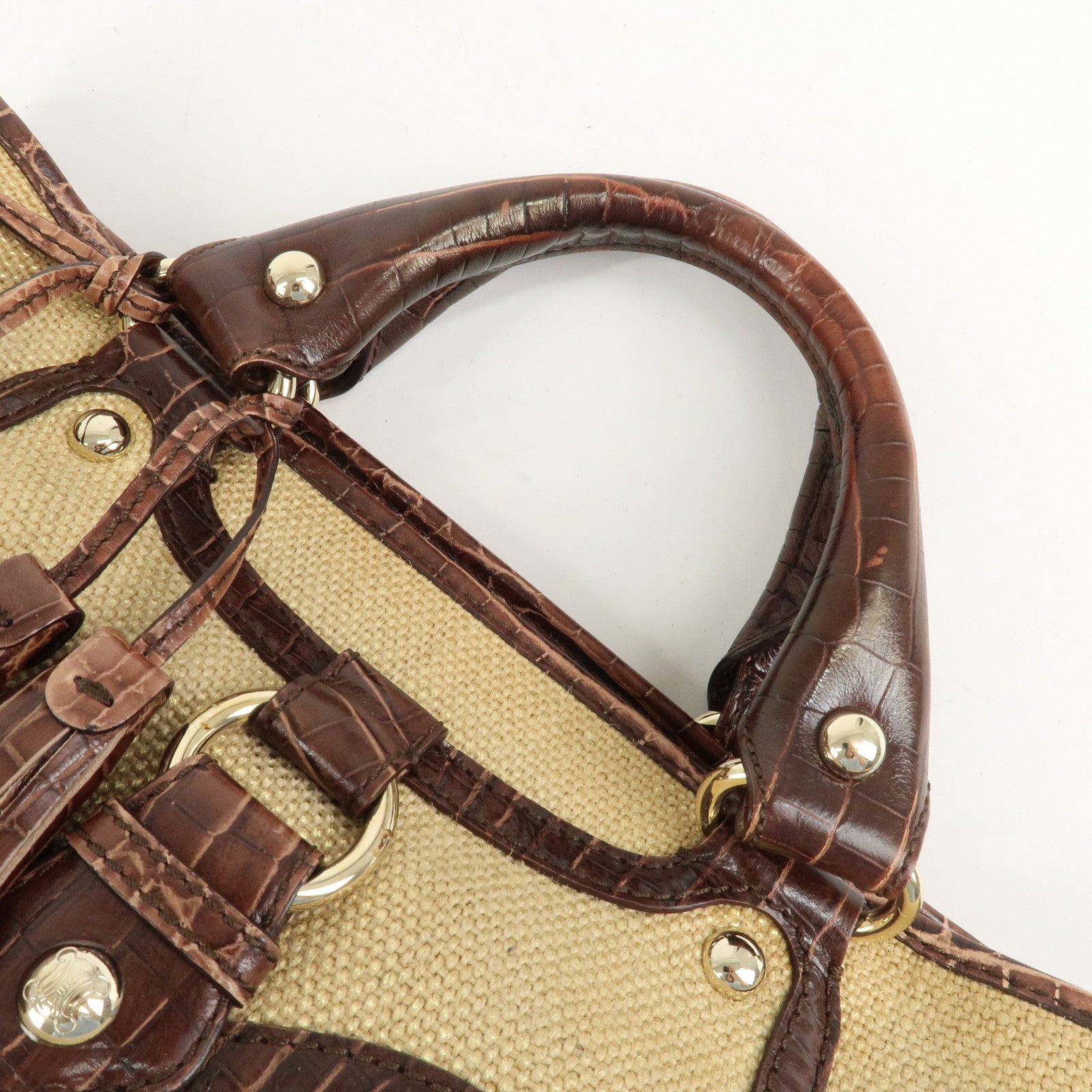 CELINE Straw Leather Boogie Bag Hand Bag Beige Brown Gold HDW Used