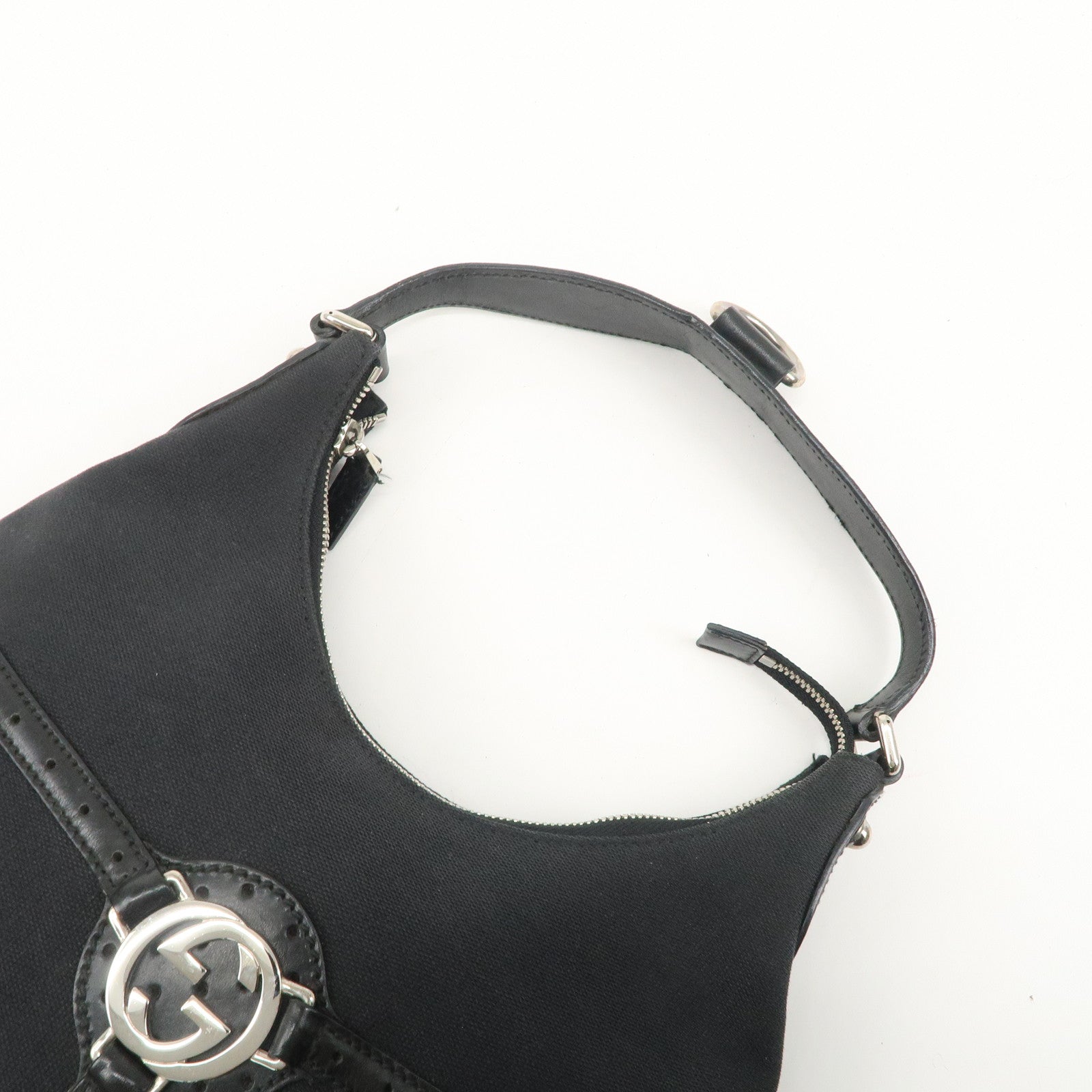 GUCCI Interlocking G Canvas Leather One Shoulder Bag Black 114869 Used